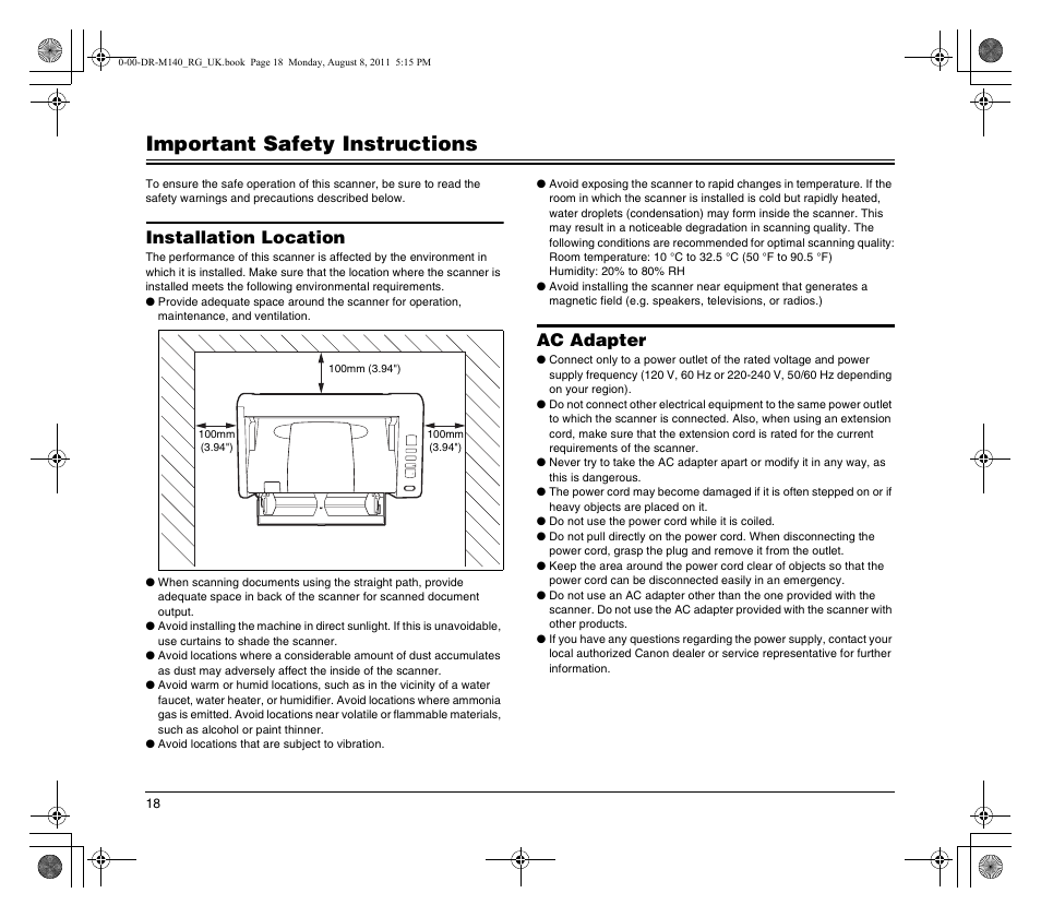 Important safety instructions, Installation location, Ac adapter | Canon imageFORMULA DR-M140 Document Scanner User Manual | Page 18 / 56