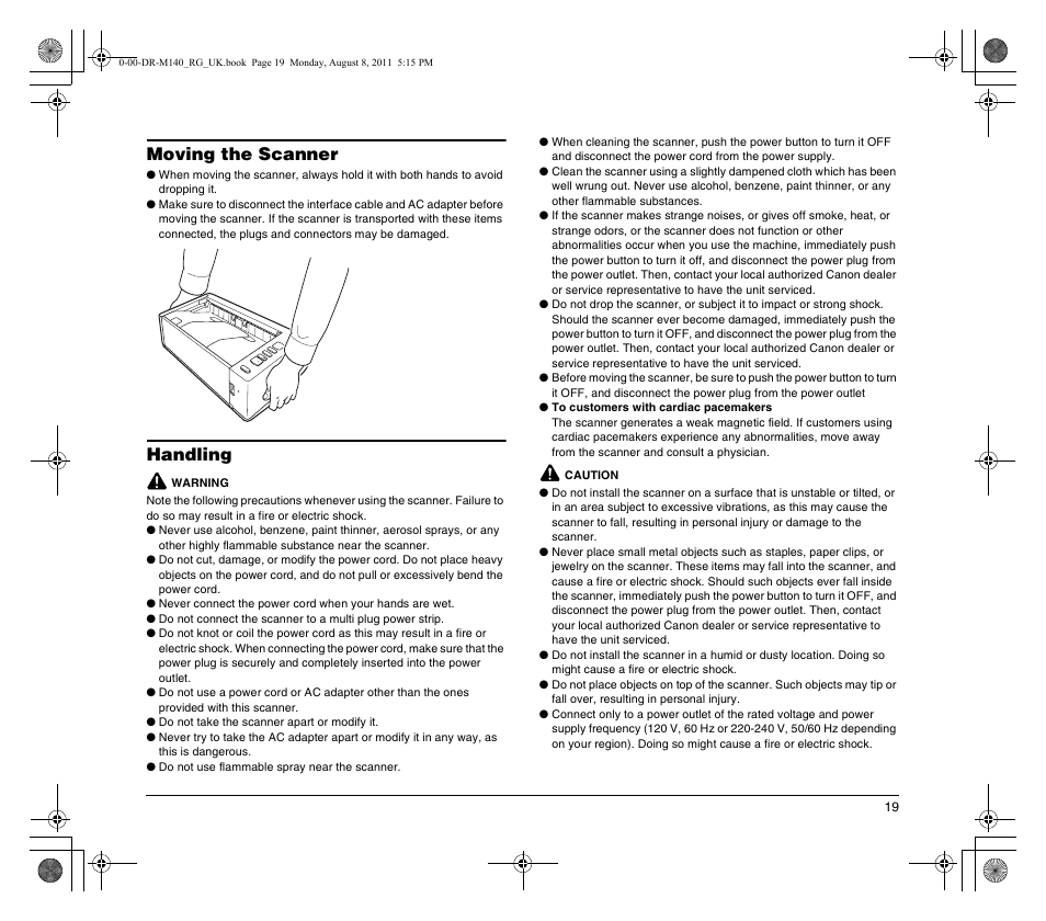 Moving the scanner, Handling | Canon imageFORMULA DR-M140 Document Scanner User Manual | Page 19 / 56