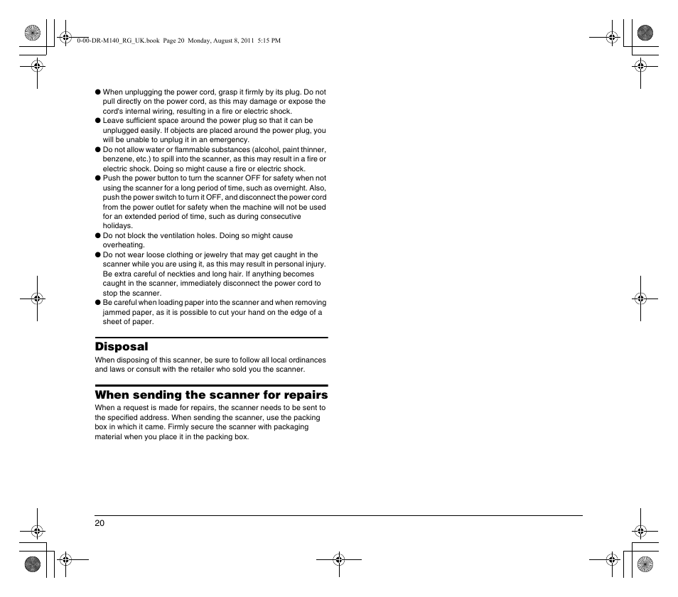 Disposal, When sending the scanner for repairs | Canon imageFORMULA DR-M140 Document Scanner User Manual | Page 20 / 56