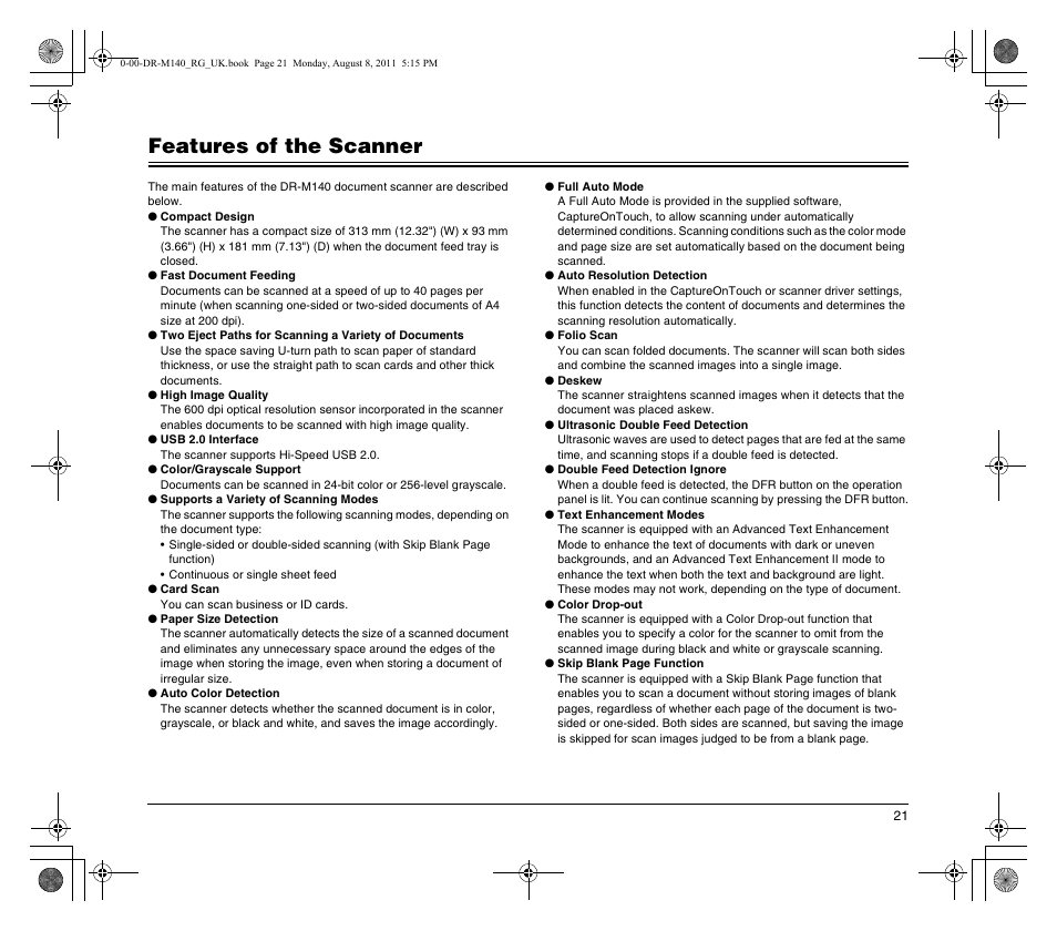 Features of the scanner | Canon imageFORMULA DR-M140 Document Scanner User Manual | Page 21 / 56