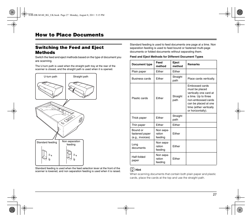 How to place documents, Switching the feed and eject methods | Canon imageFORMULA DR-M140 Document Scanner User Manual | Page 27 / 56