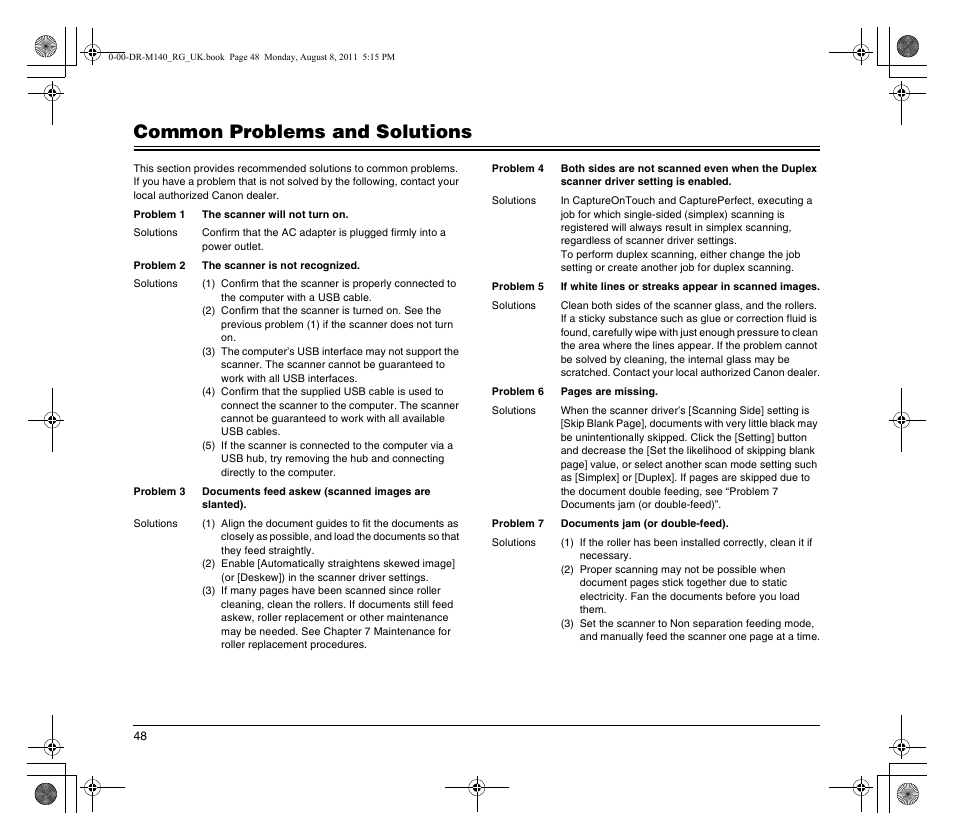 Common problems and solutions | Canon imageFORMULA DR-M140 Document Scanner User Manual | Page 48 / 56