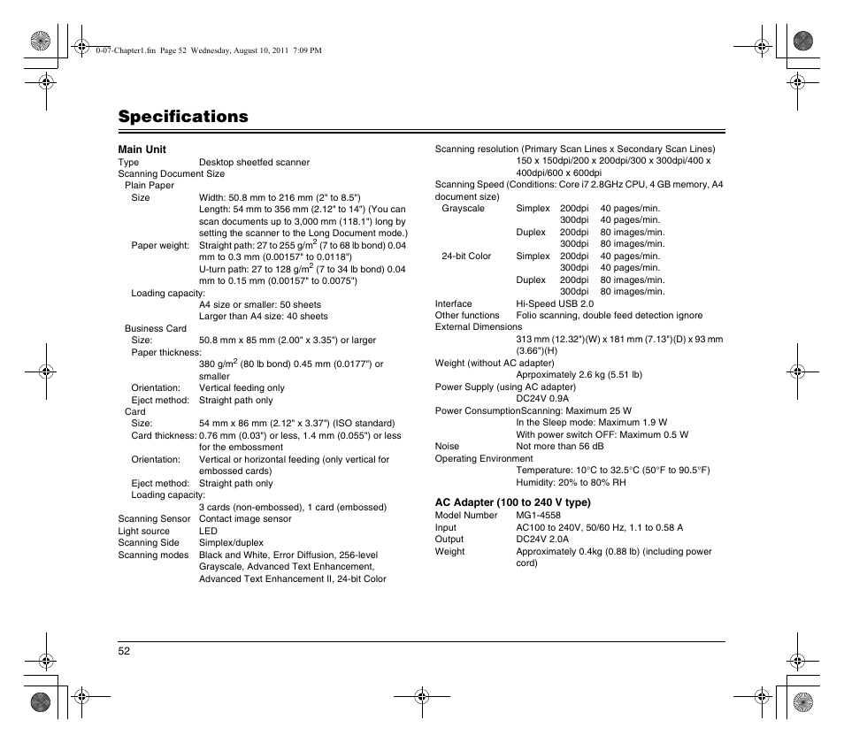 Specifications | Canon imageFORMULA DR-M140 Document Scanner User Manual | Page 52 / 56