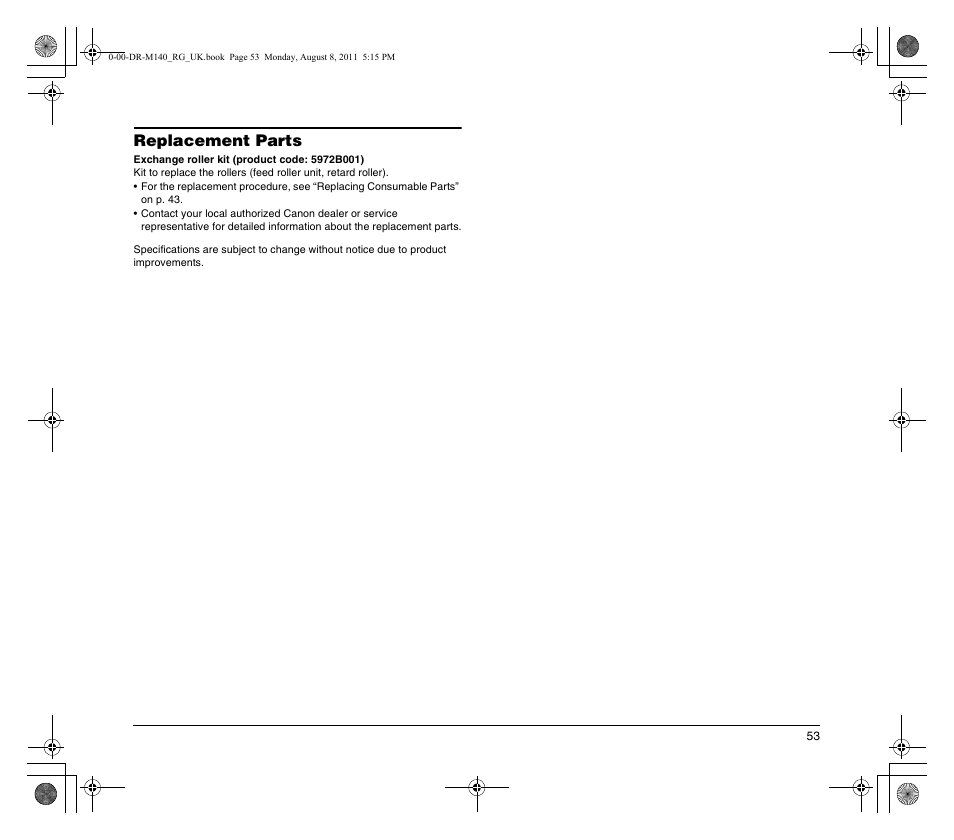 Replacement parts | Canon imageFORMULA DR-M140 Document Scanner User Manual | Page 53 / 56