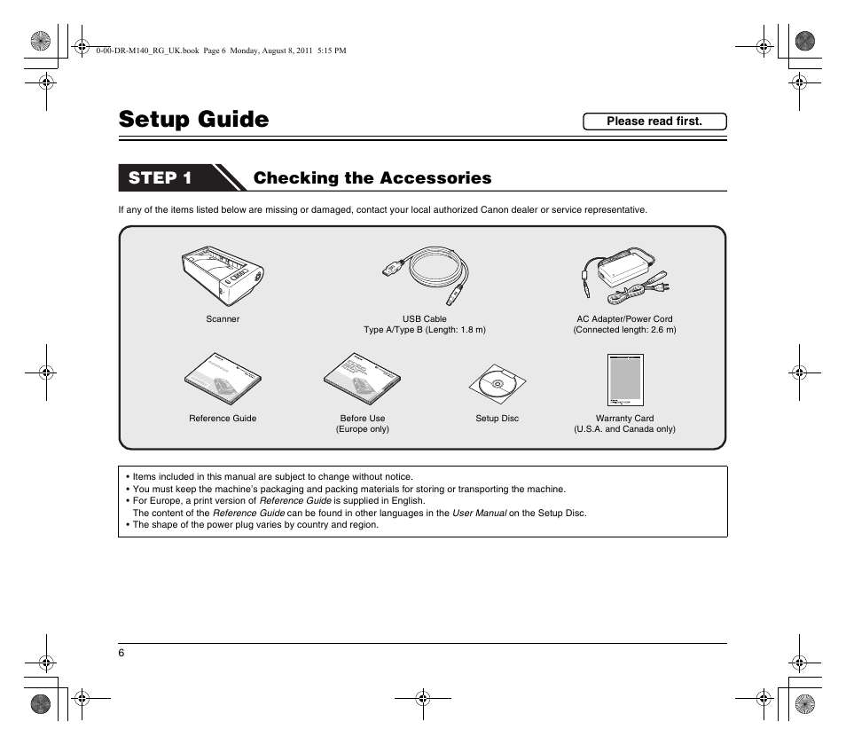 Setup guide, Step 1 checking the accessories, Please read first | Canon imageFORMULA DR-M140 Document Scanner User Manual | Page 6 / 56