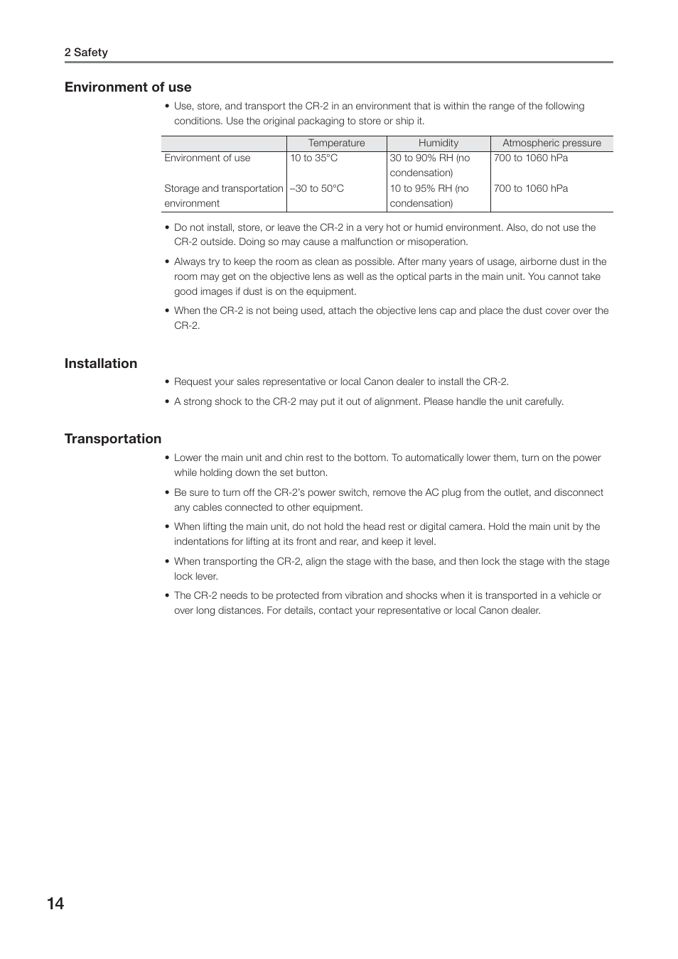 Environment of use, Installation, Transportation | Canon CR-2 User Manual | Page 14 / 52