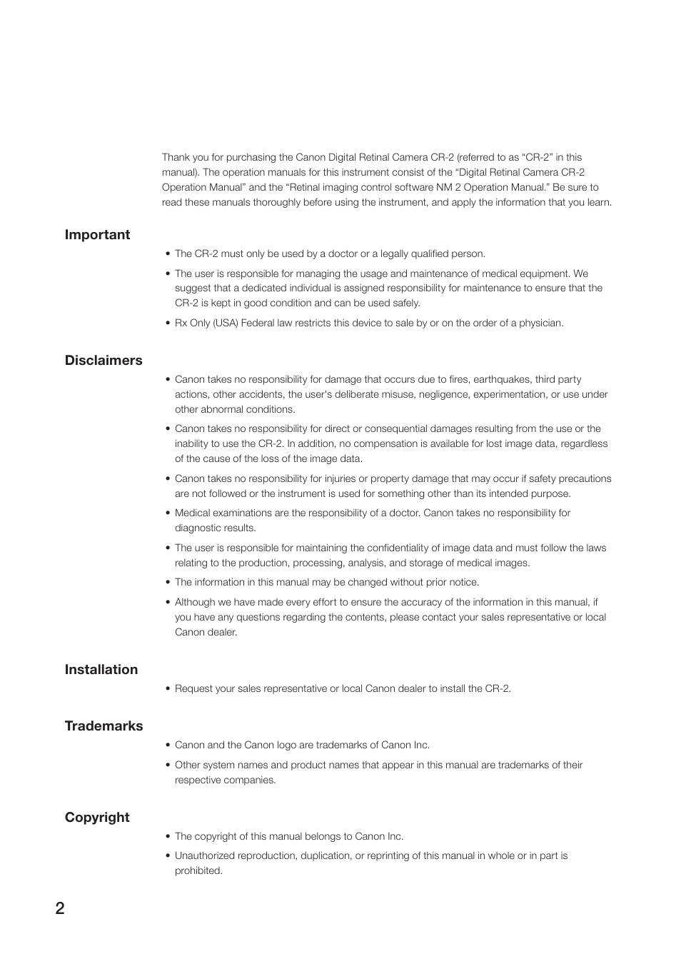 Important, Disclaimers, Installation | Trademarks, Copyright | Canon CR-2 User Manual | Page 2 / 52