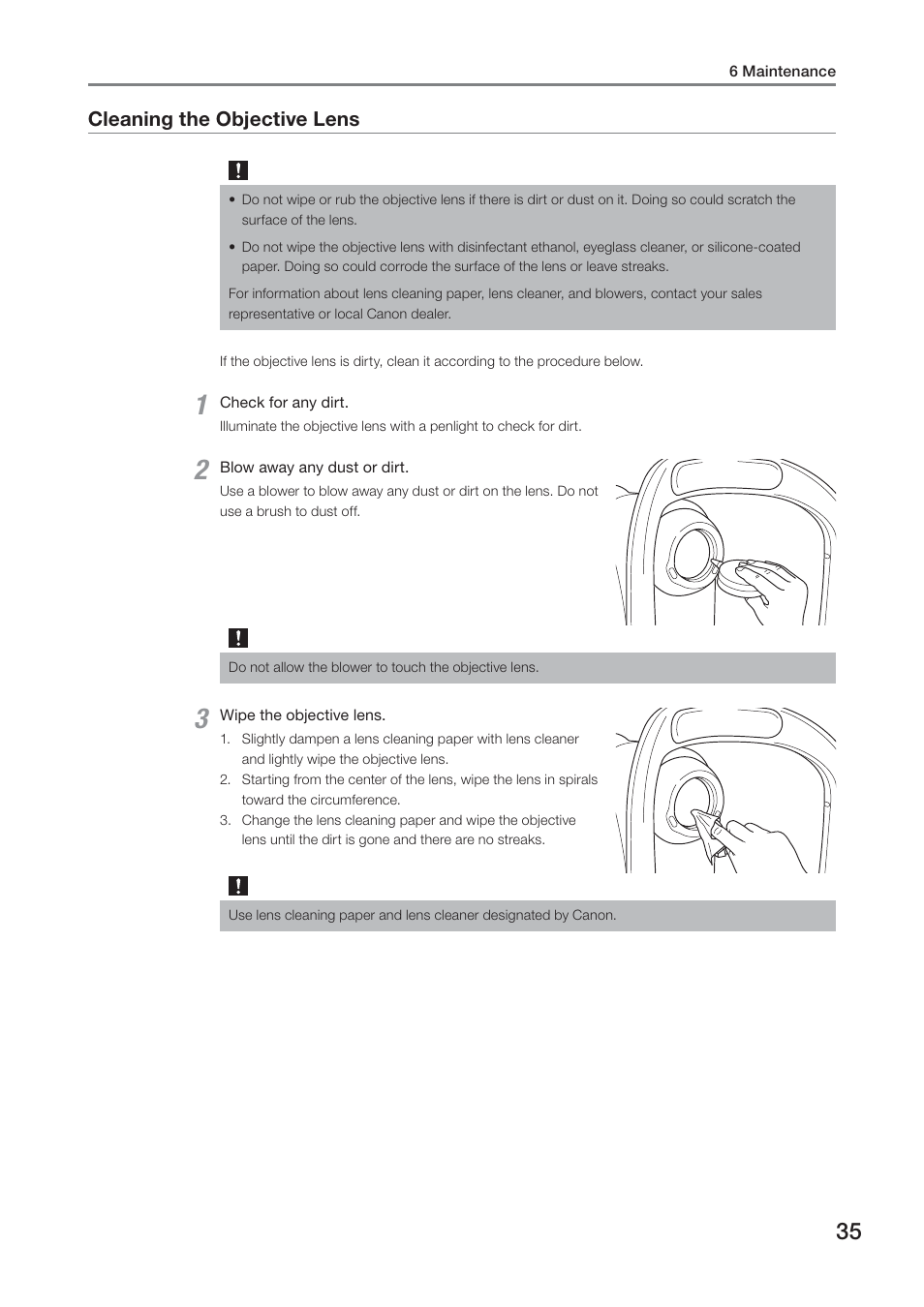 Cleaning the objective lens | Canon CR-2 User Manual | Page 35 / 52