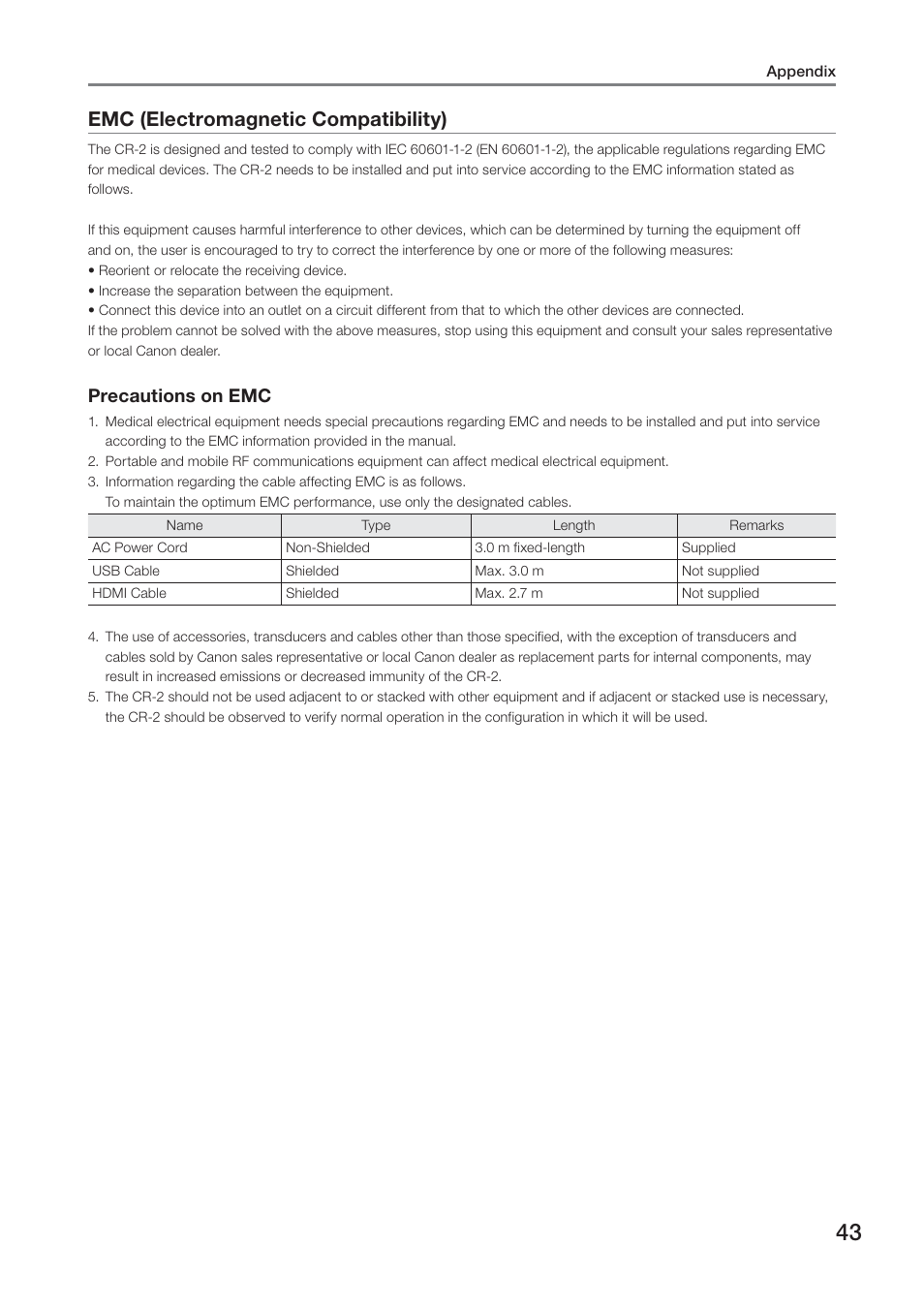 Emc (electromagnetic compatibility), Precautions on emc | Canon CR-2 User Manual | Page 43 / 52