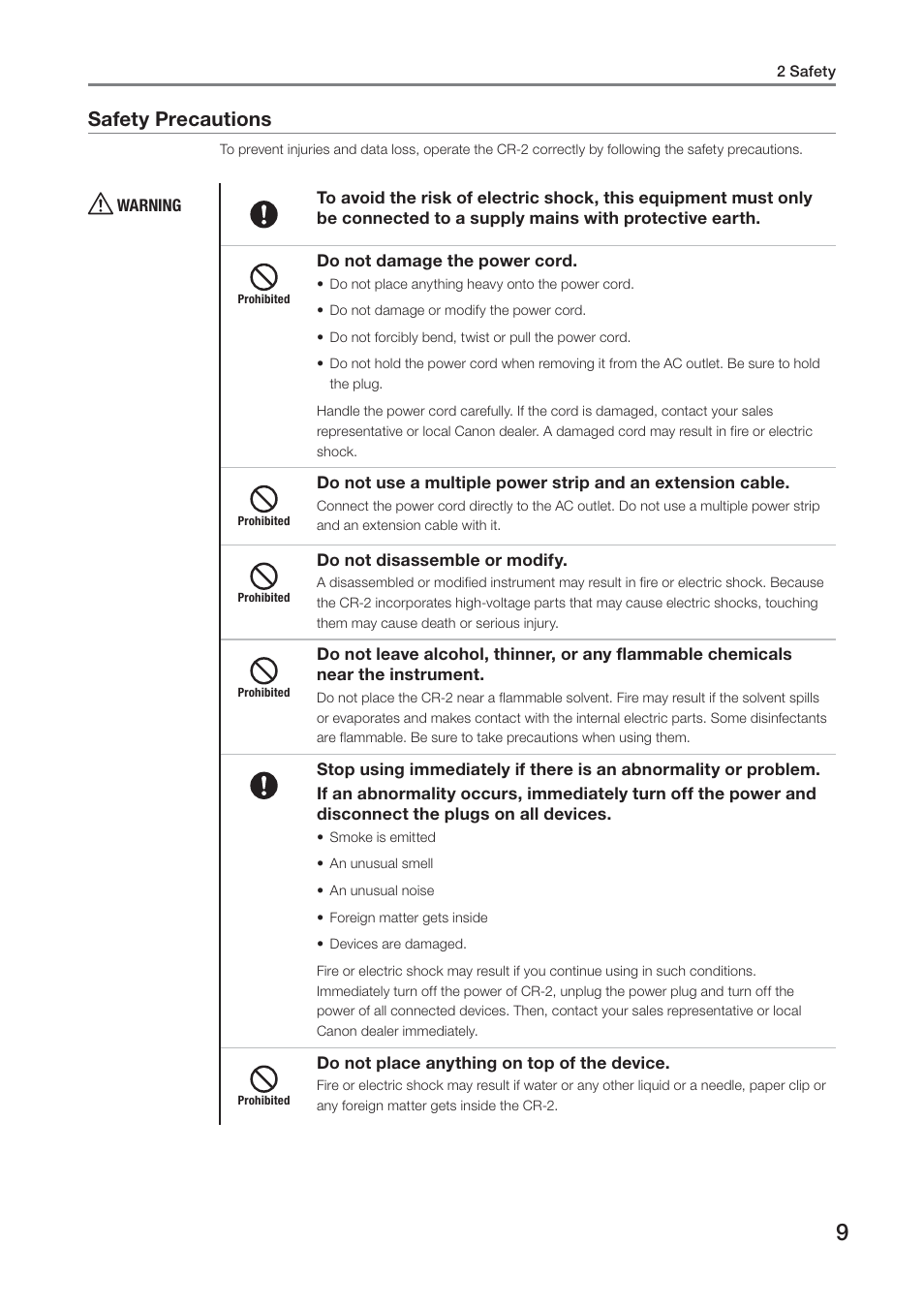 Safety precautions | Canon CR-2 User Manual | Page 9 / 52