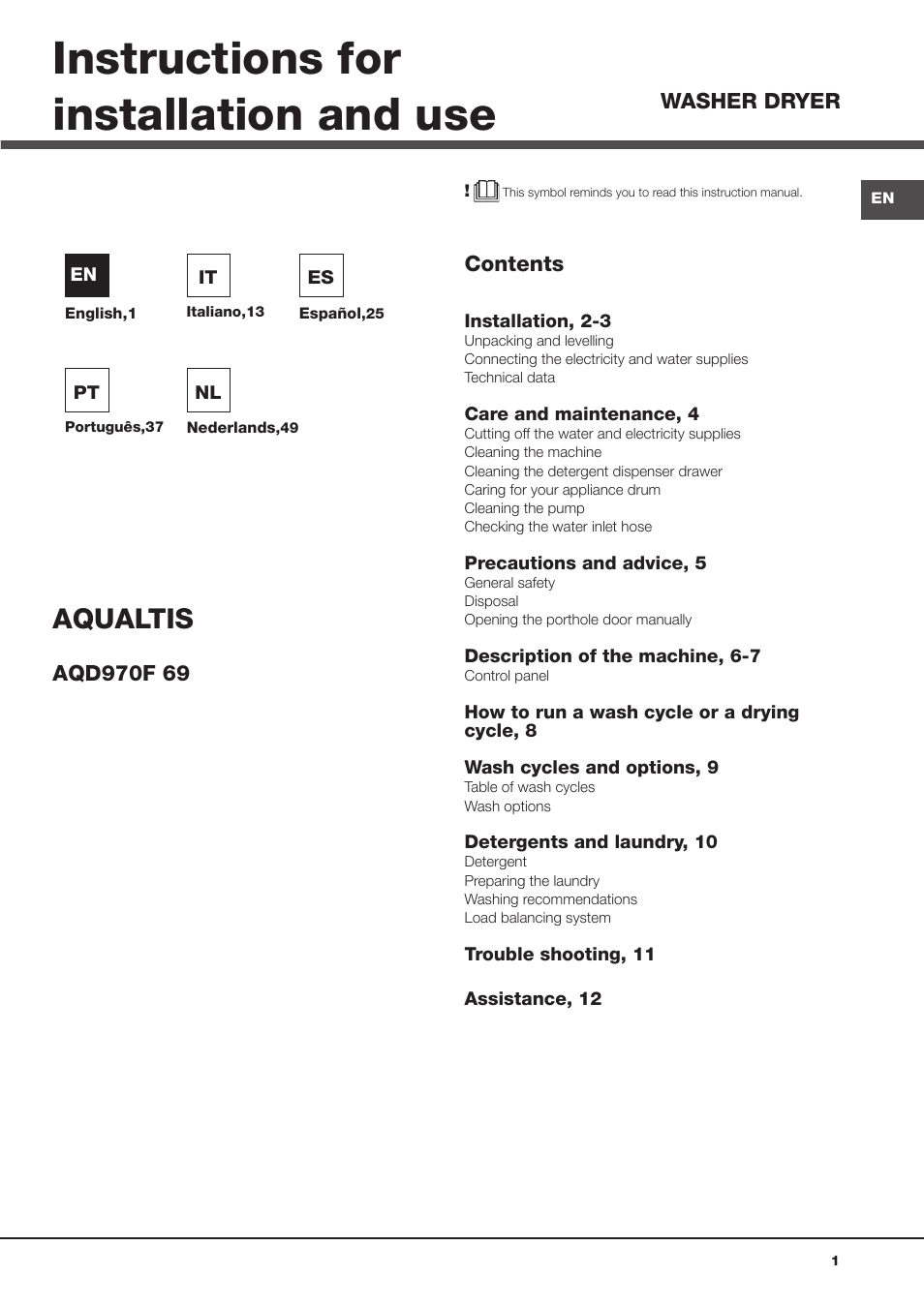 Hotpoint Ariston AQD970F 69 User Manual | 60 pages