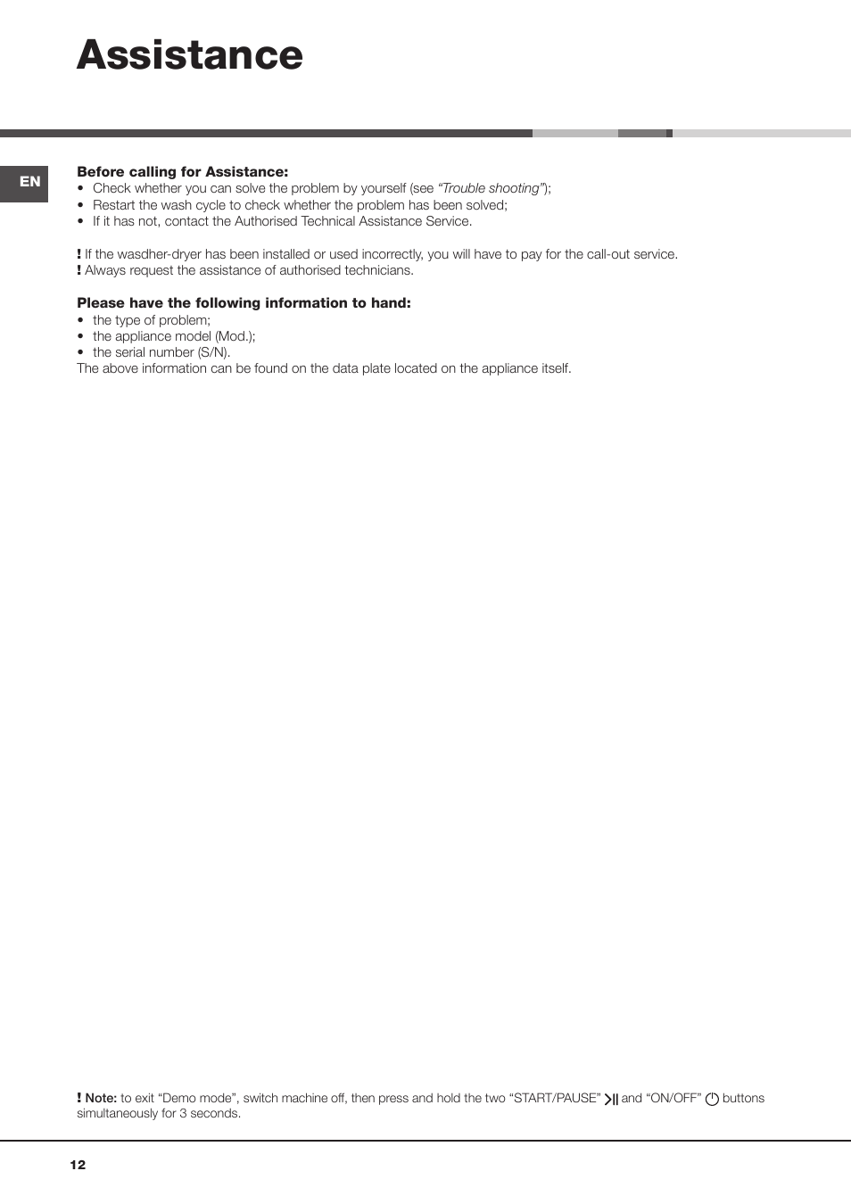 Assistance | Hotpoint Ariston AQD970F 69 User Manual | Page 12 / 60