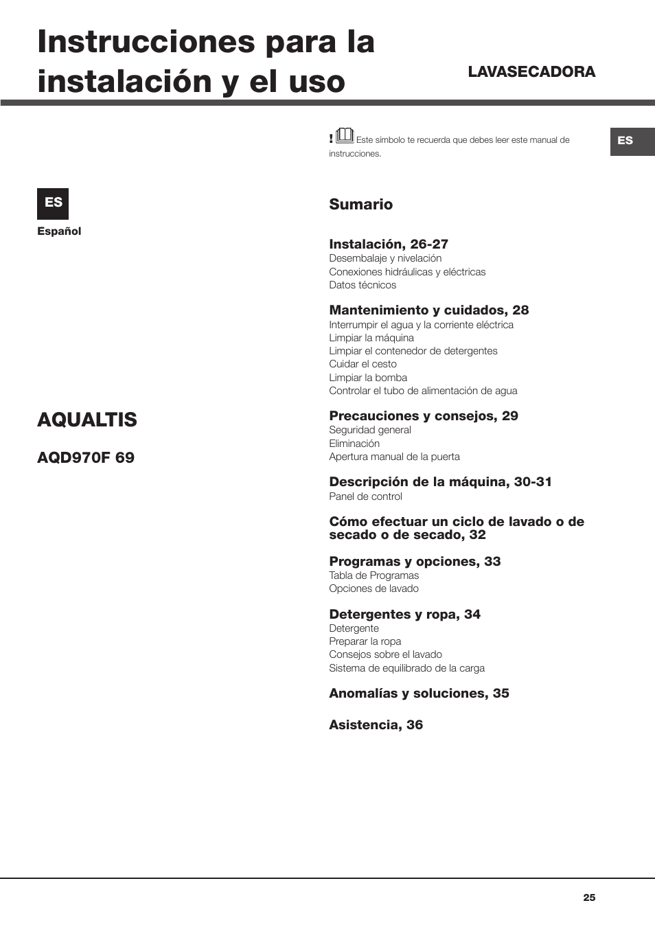 Instrucciones para la instalación y el uso, Aqualtis | Hotpoint Ariston AQD970F 69 User Manual | Page 13 / 60