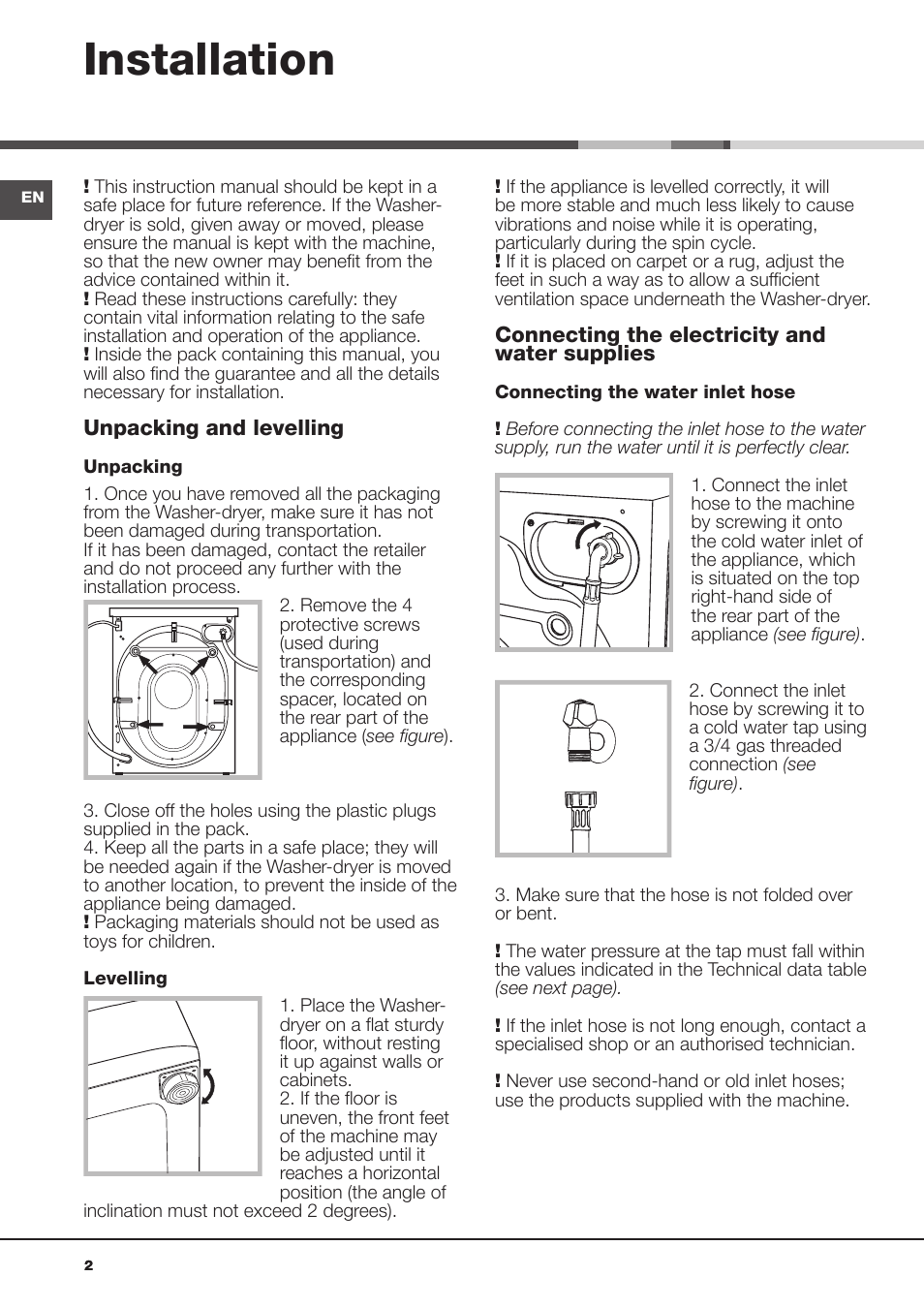 Installation | Hotpoint Ariston AQD970F 69 User Manual | Page 2 / 60
