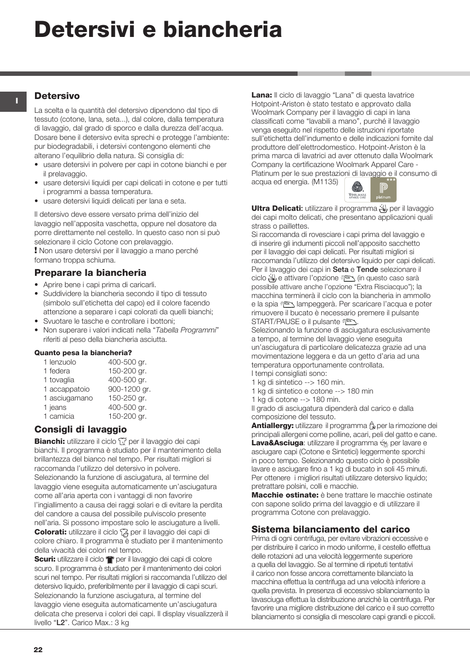 Detersivi e biancheria, Detersivo, Preparare la biancheria | Consigli di lavaggio, Sistema bilanciamento del carico | Hotpoint Ariston AQD970F 69 User Manual | Page 34 / 60
