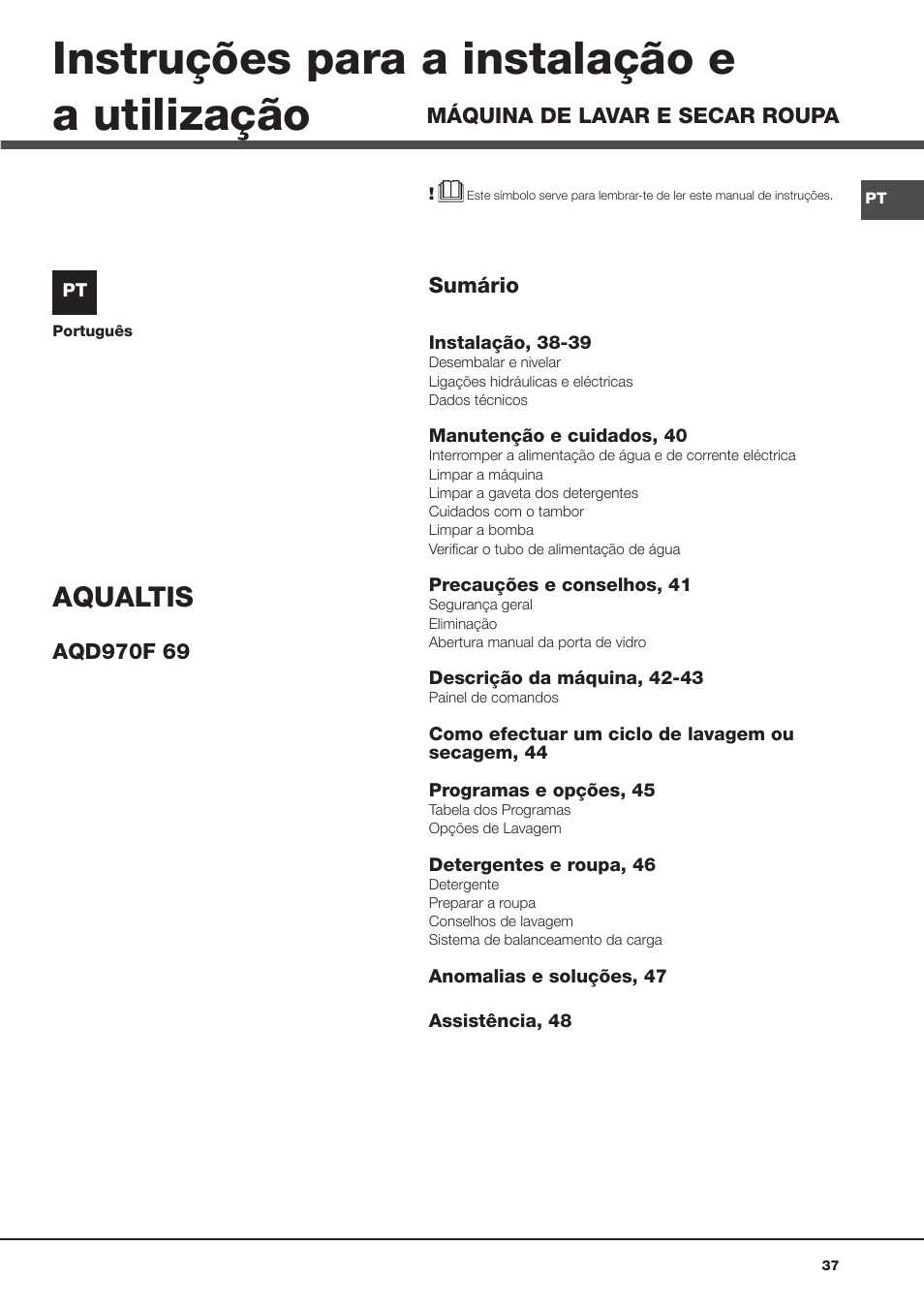 Instruções para a instalação e a utilização, Aqualtis | Hotpoint Ariston AQD970F 69 User Manual | Page 37 / 60