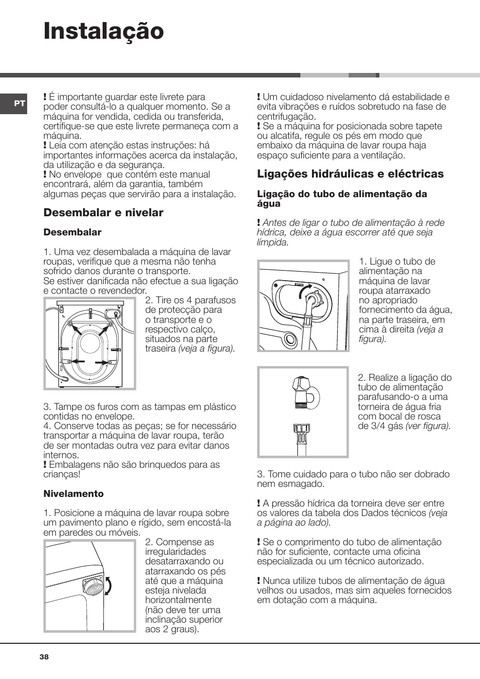 Instalação | Hotpoint Ariston AQD970F 69 User Manual | Page 38 / 60