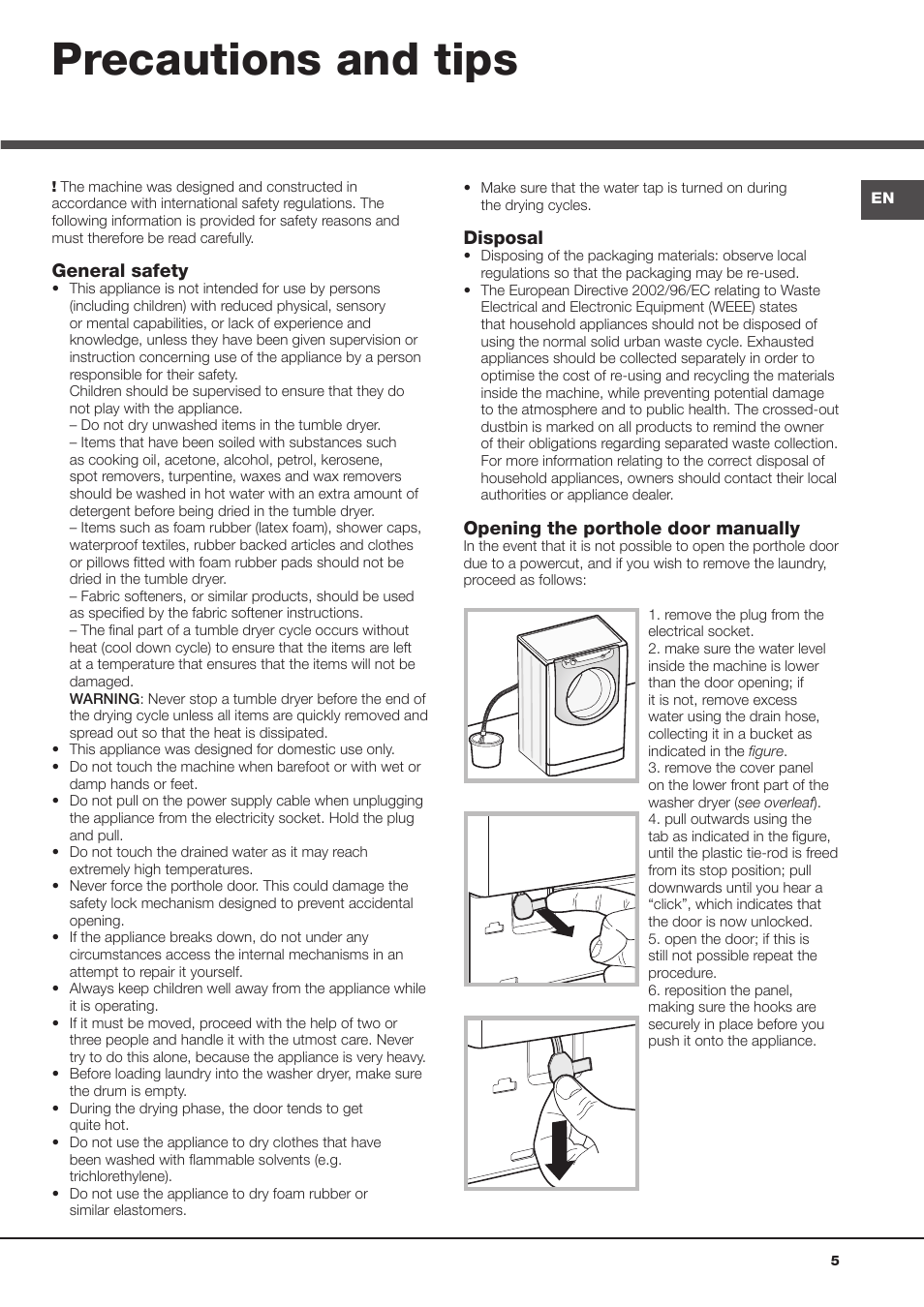 Precautions and tips, Disposal, Opening the porthole door manually | General safety | Hotpoint Ariston AQD970F 69 User Manual | Page 5 / 60