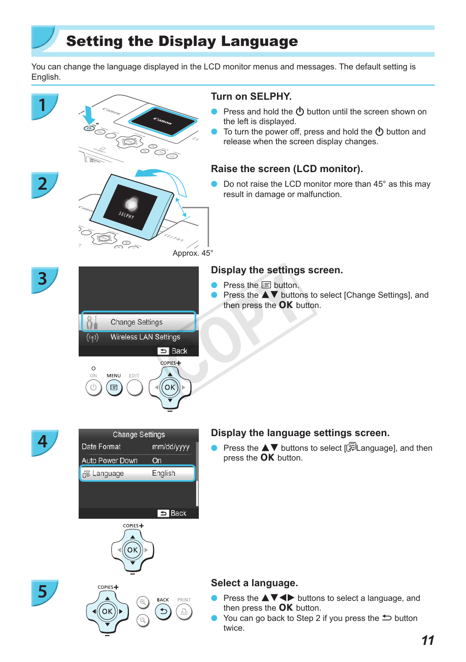 Setting the display language, P. 11), Cop y | Canon SELPHY CP900 User Manual | Page 11 / 56