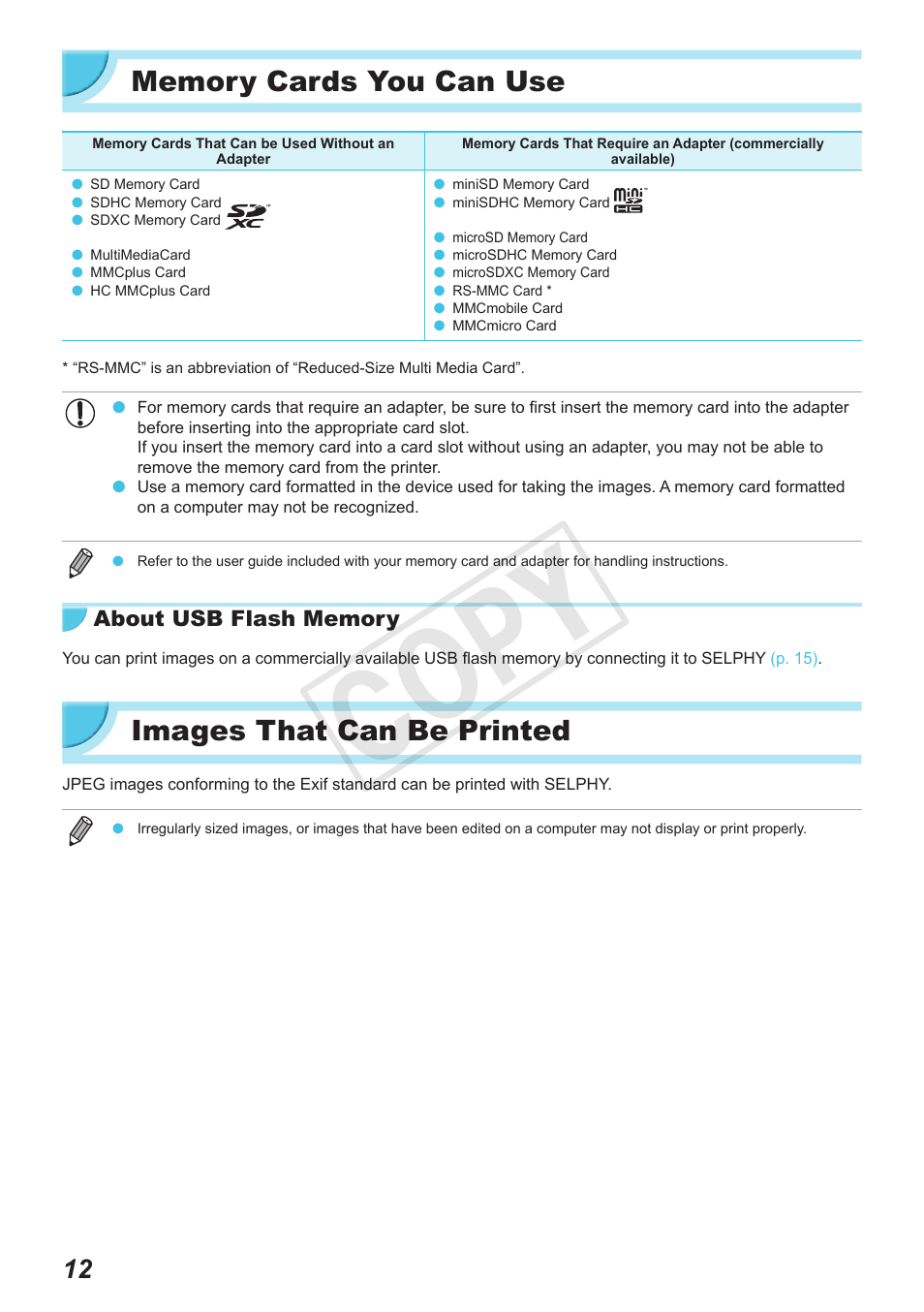 Memory cards you can use, Images that can be printed, P. 12) | Cop y | Canon SELPHY CP900 User Manual | Page 12 / 56