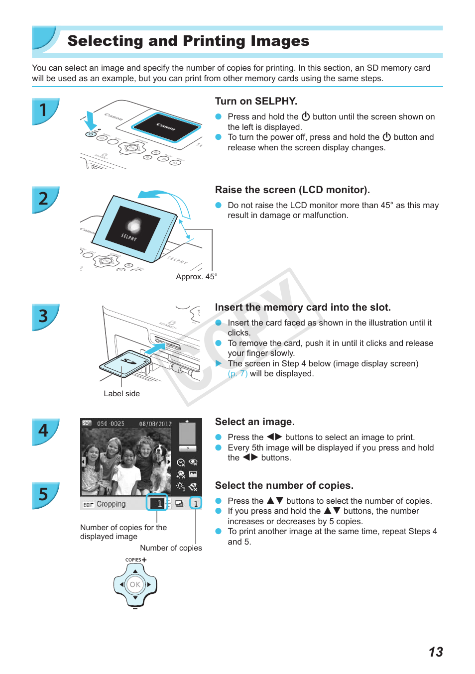 Selecting and printing images, Cop y | Canon SELPHY CP900 User Manual | Page 13 / 56