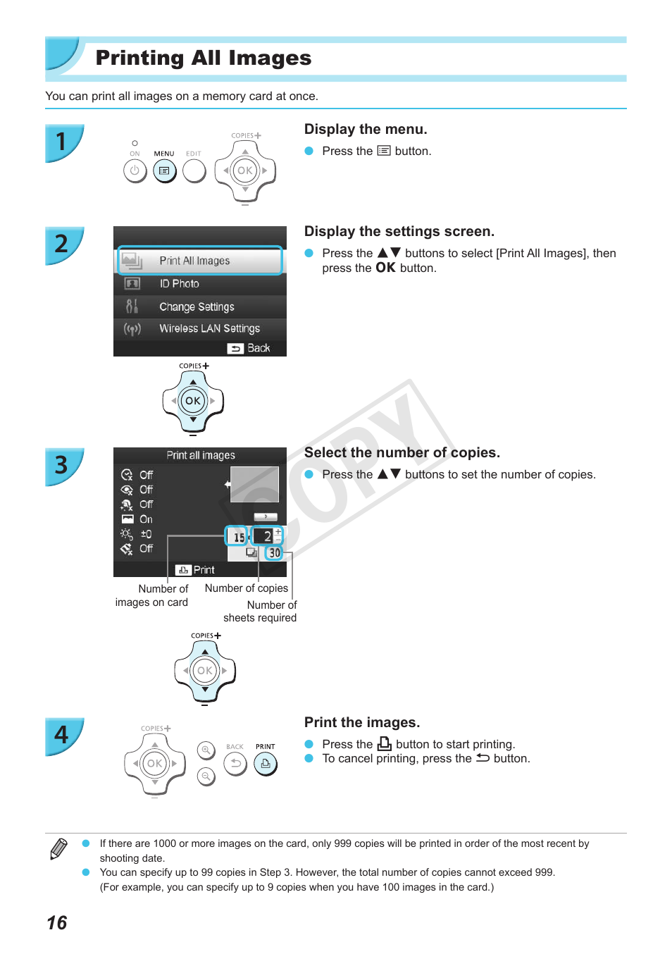 Printing all images, Cop y | Canon SELPHY CP900 User Manual | Page 16 / 56