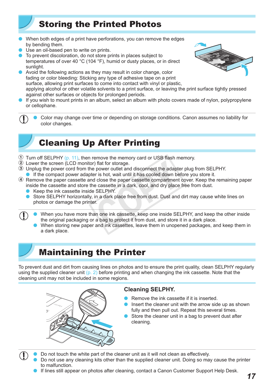 Storing the printed photos, Cleaning up after printing, Maintaining the printer | Cop y | Canon SELPHY CP900 User Manual | Page 17 / 56