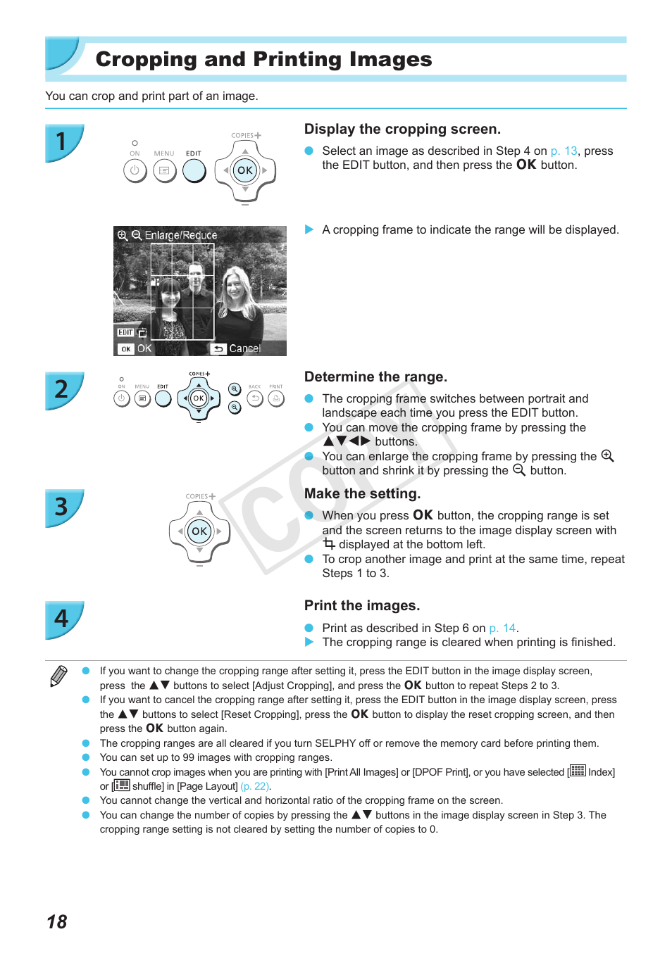 Cropping and printing images, Cop y | Canon SELPHY CP900 User Manual | Page 18 / 56