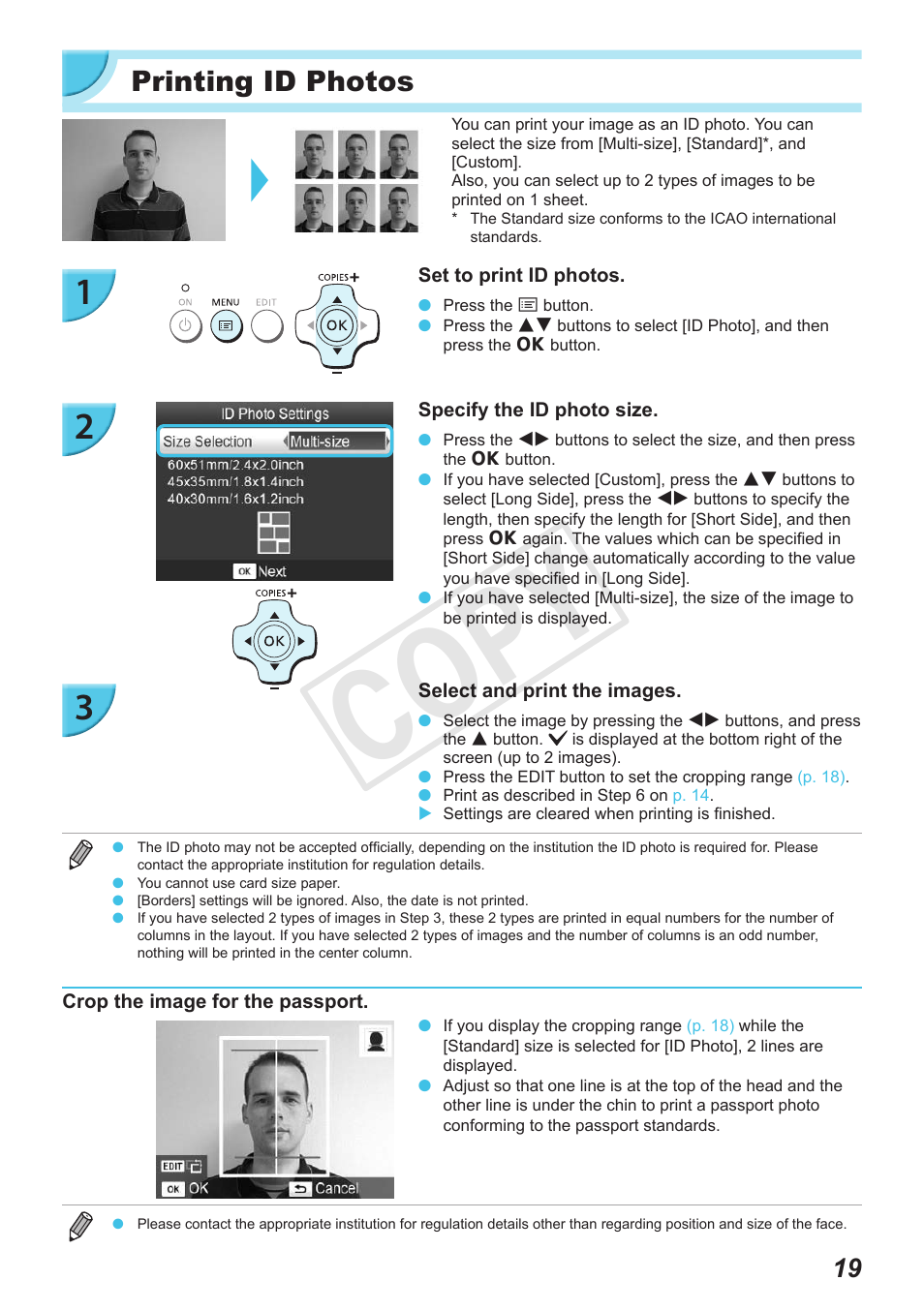 Printing id photos, Cop y | Canon SELPHY CP900 User Manual | Page 19 / 56