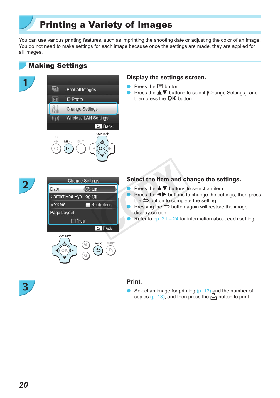 Printing a variety of images, P. 20), Cop y | Canon SELPHY CP900 User Manual | Page 20 / 56