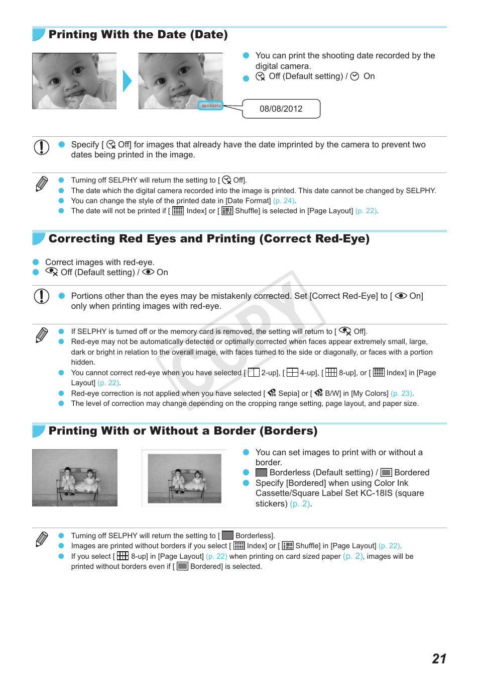 Cop y, Printing with the date (date), Correcting red eyes and printing (correct red-eye) | Printing with or without a border (borders) | Canon SELPHY CP900 User Manual | Page 21 / 56