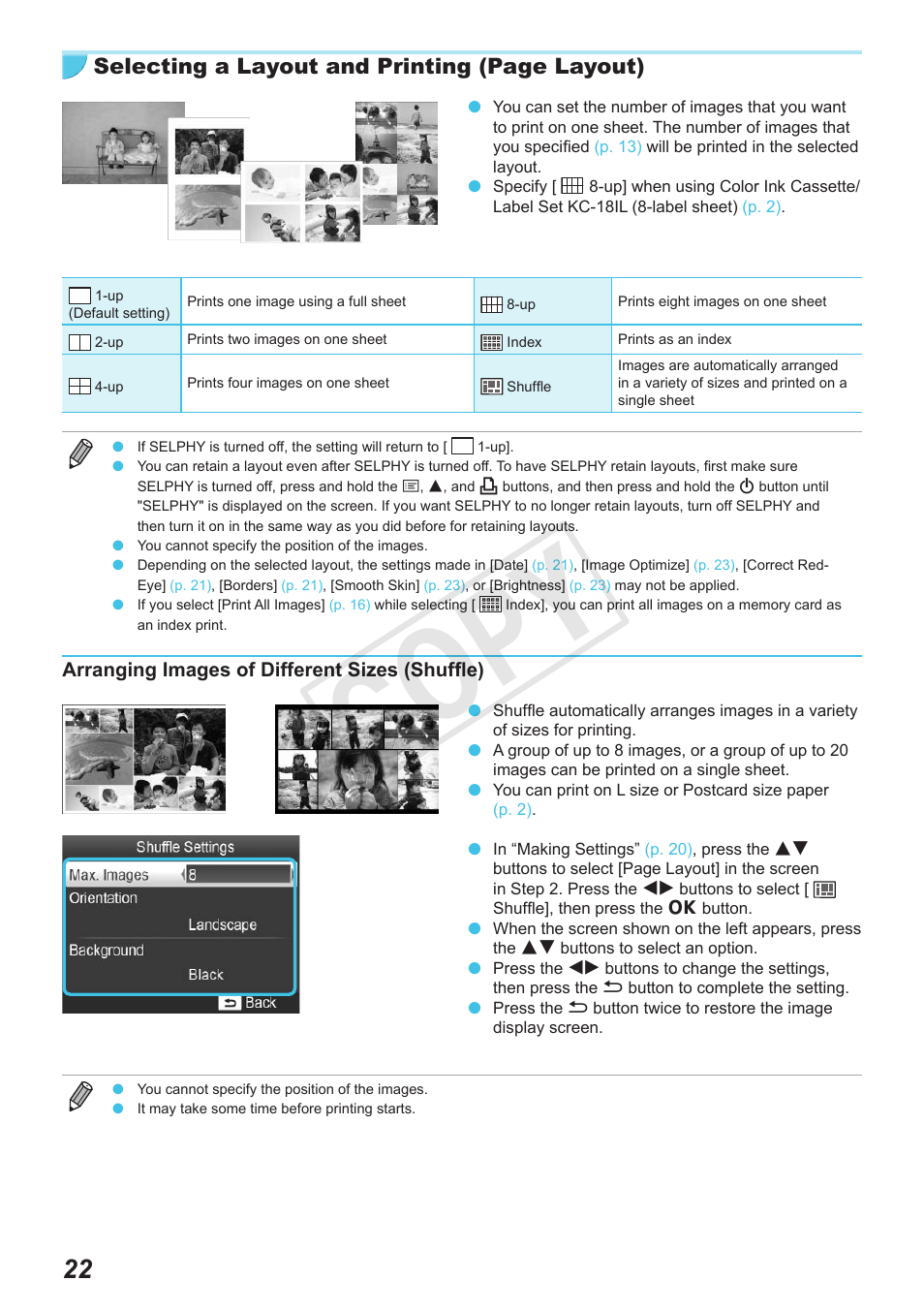 P. 22), Images will be, Bordered] is selected | Cop y, Selecting a layout and printing (page layout) | Canon SELPHY CP900 User Manual | Page 22 / 56