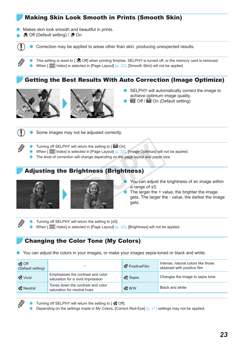 P. 23), Cop y, Making skin look smooth in prints (smooth skin) | Adjusting the brightness (brightness), Changing the color tone (my colors) | Canon SELPHY CP900 User Manual | Page 23 / 56