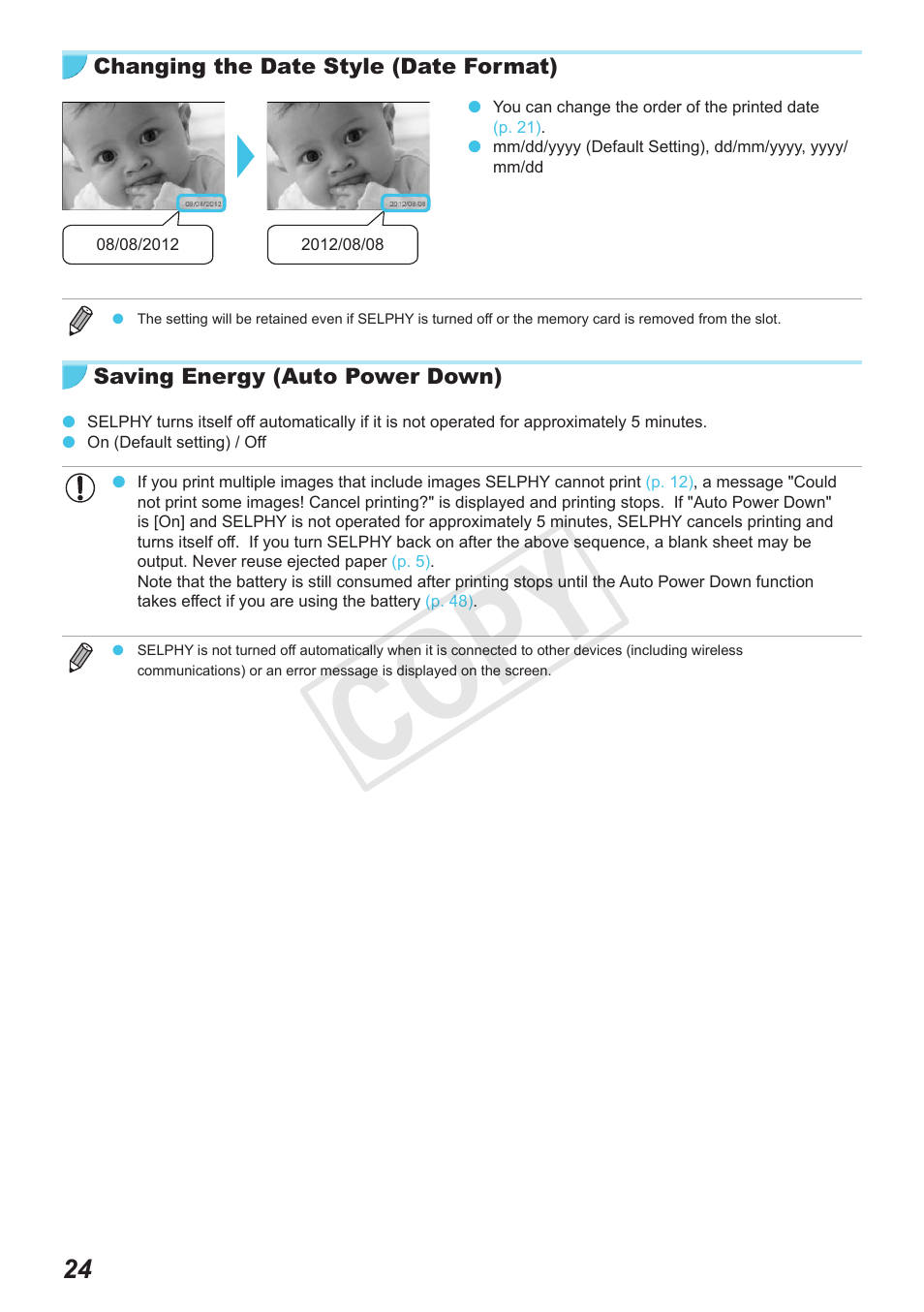 For information about each setting, Cop y | Canon SELPHY CP900 User Manual | Page 24 / 56