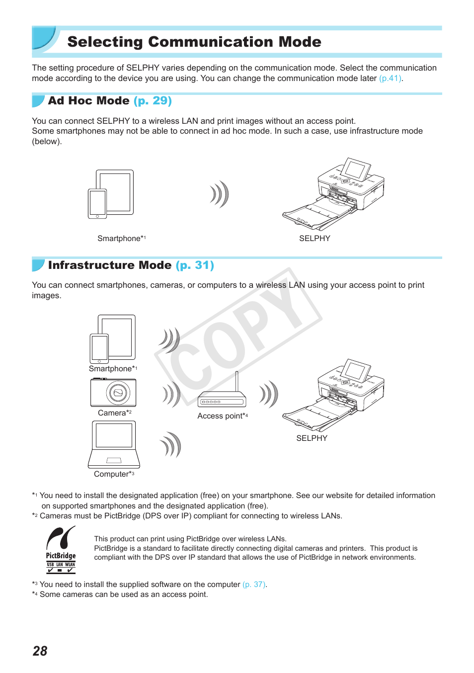 Selecting communication mode, Cop y | Canon SELPHY CP900 User Manual | Page 28 / 56