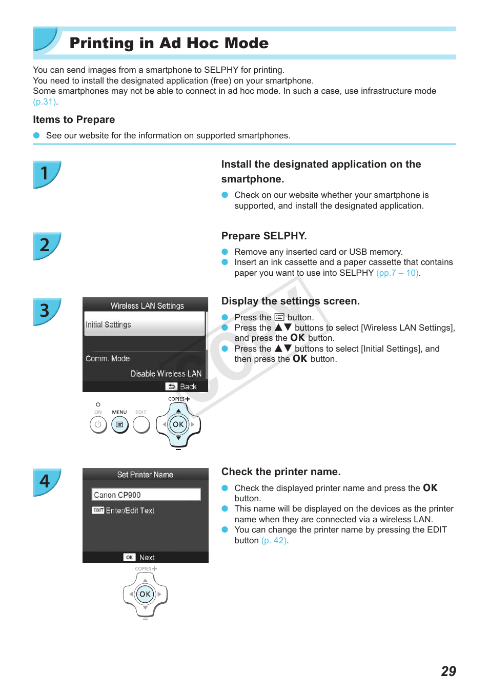 Printing in ad hoc mode, Cop y | Canon SELPHY CP900 User Manual | Page 29 / 56