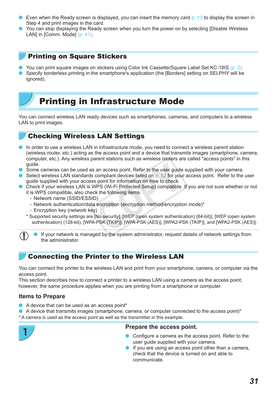 Printing in infrastructure mode, P. 31), Cop y | Canon SELPHY CP900 User Manual | Page 31 / 56