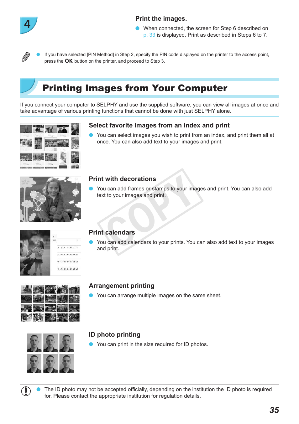 Printing images from your computer, Cop y | Canon SELPHY CP900 User Manual | Page 35 / 56