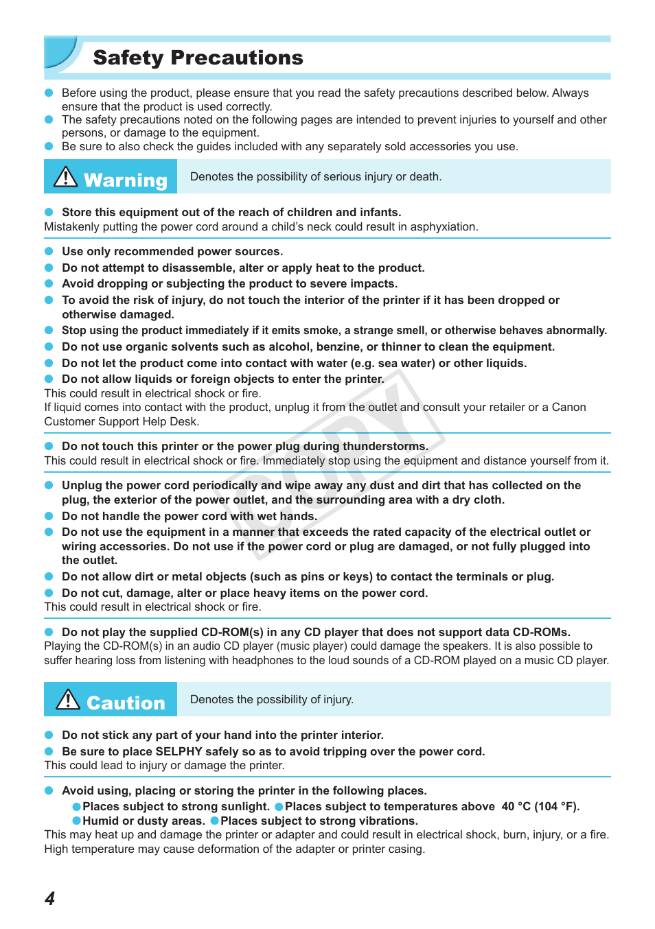 Safety precautions, Cop y, Warning | Caution | Canon SELPHY CP900 User Manual | Page 4 / 56