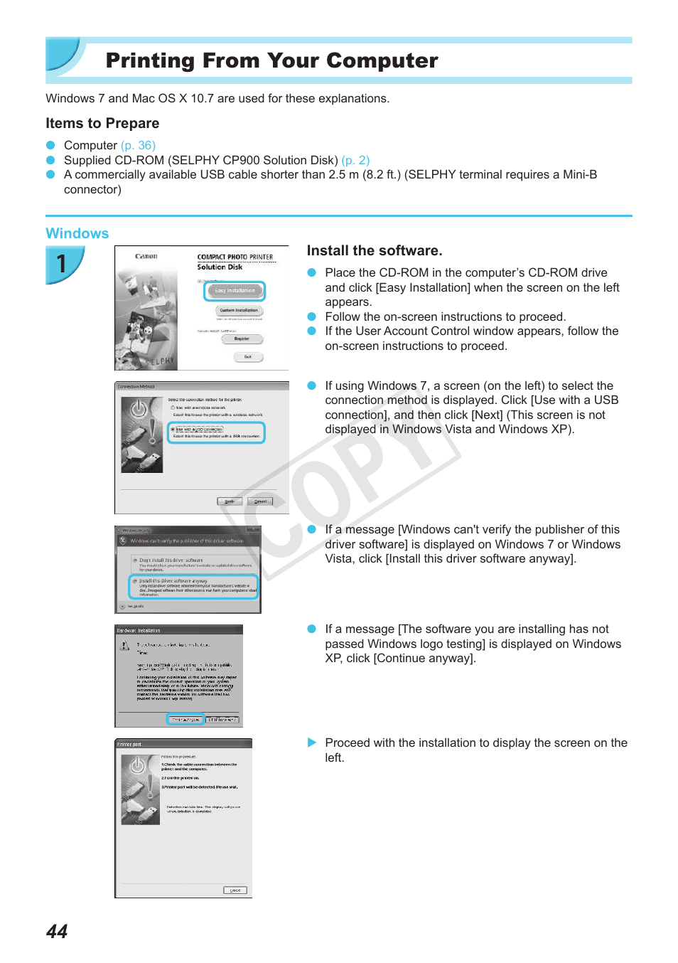 Printing from your computer, Cop y | Canon SELPHY CP900 User Manual | Page 44 / 56