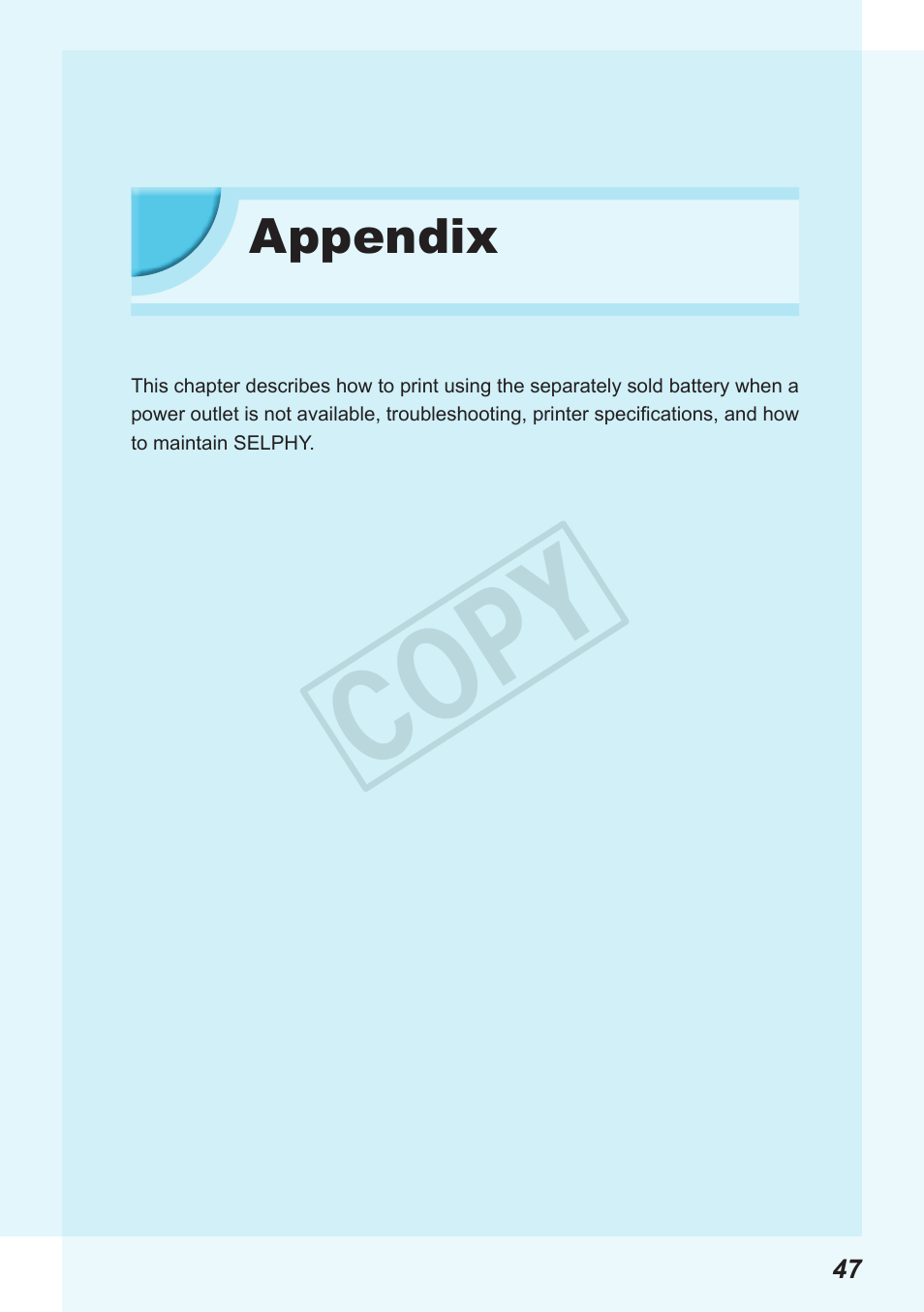 Appendix, Cop y | Canon SELPHY CP900 User Manual | Page 47 / 56