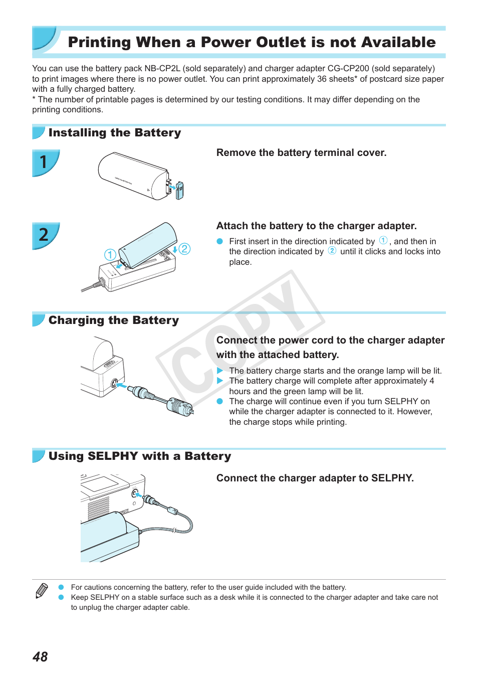 Printing when a power outlet is not available, P. 48), Cop y | Canon SELPHY CP900 User Manual | Page 48 / 56