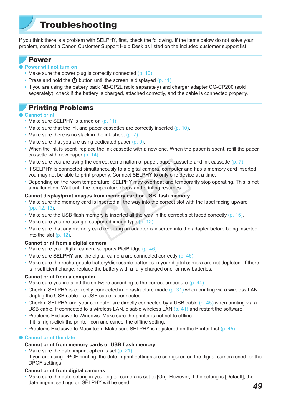 Troubleshooting, Cop y | Canon SELPHY CP900 User Manual | Page 49 / 56