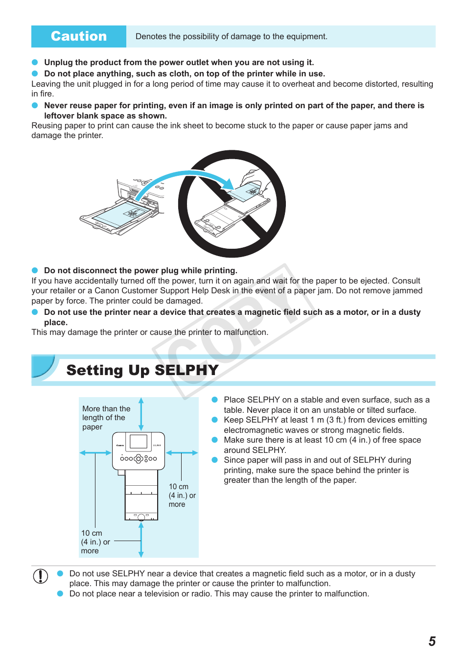 Setting up selphy, Cop y, 5caution | Canon SELPHY CP900 User Manual | Page 5 / 56