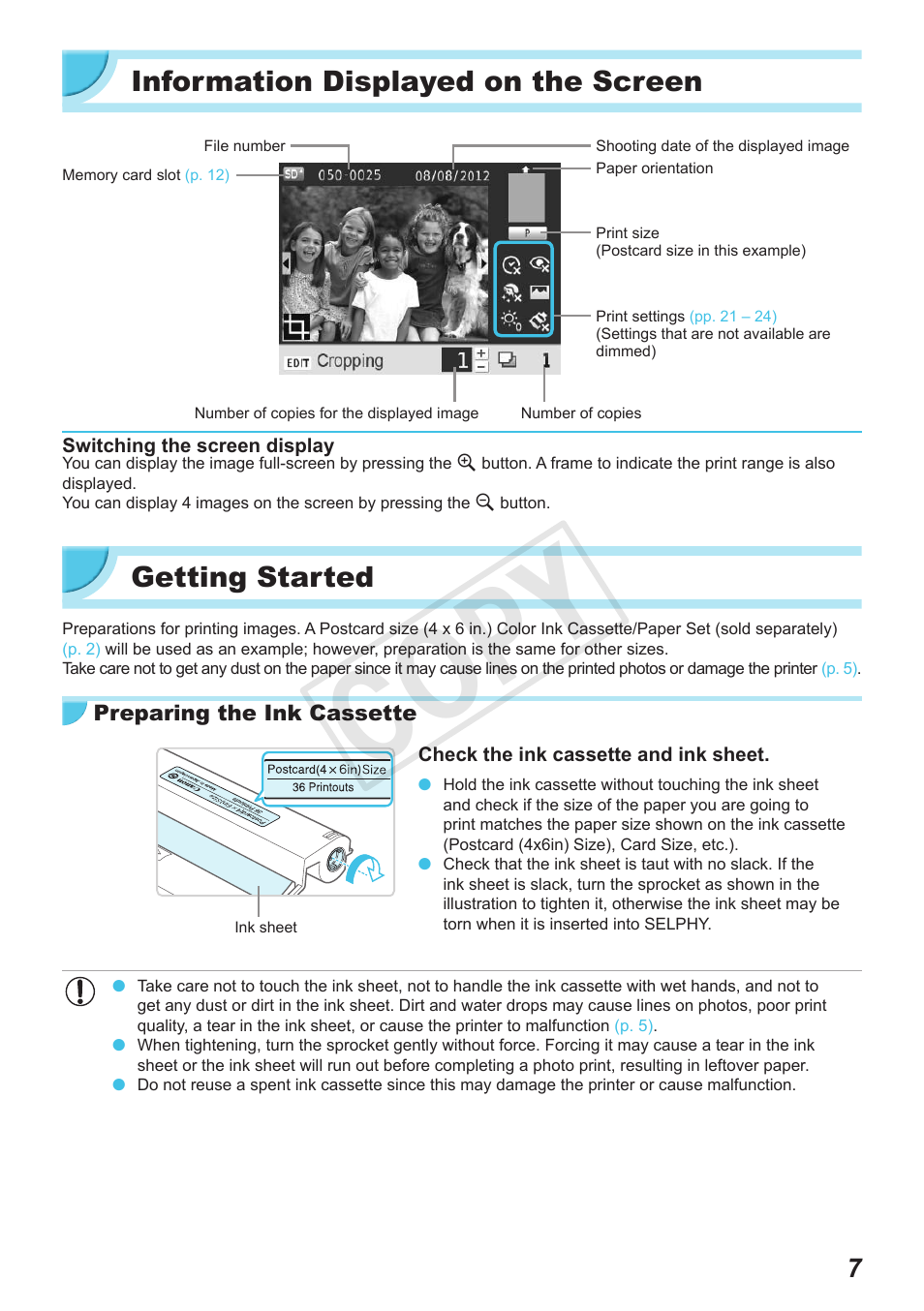 Information displayed on the screen, Getting started, Cop y | Canon SELPHY CP900 User Manual | Page 7 / 56