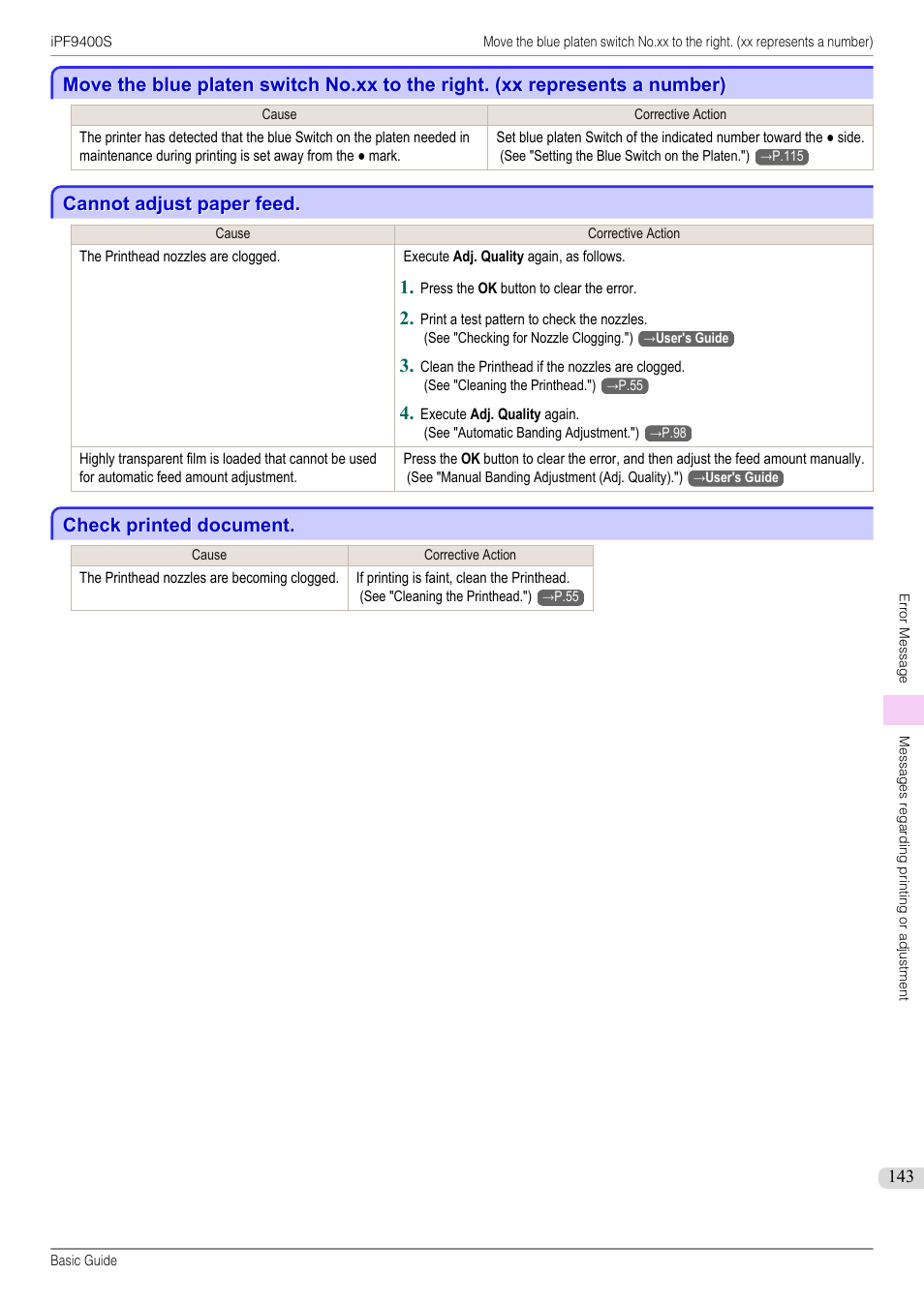 Cannot adjust paper feed, Check printed document | Canon imagePROGRAF iPF9400S User Manual | Page 143 / 154