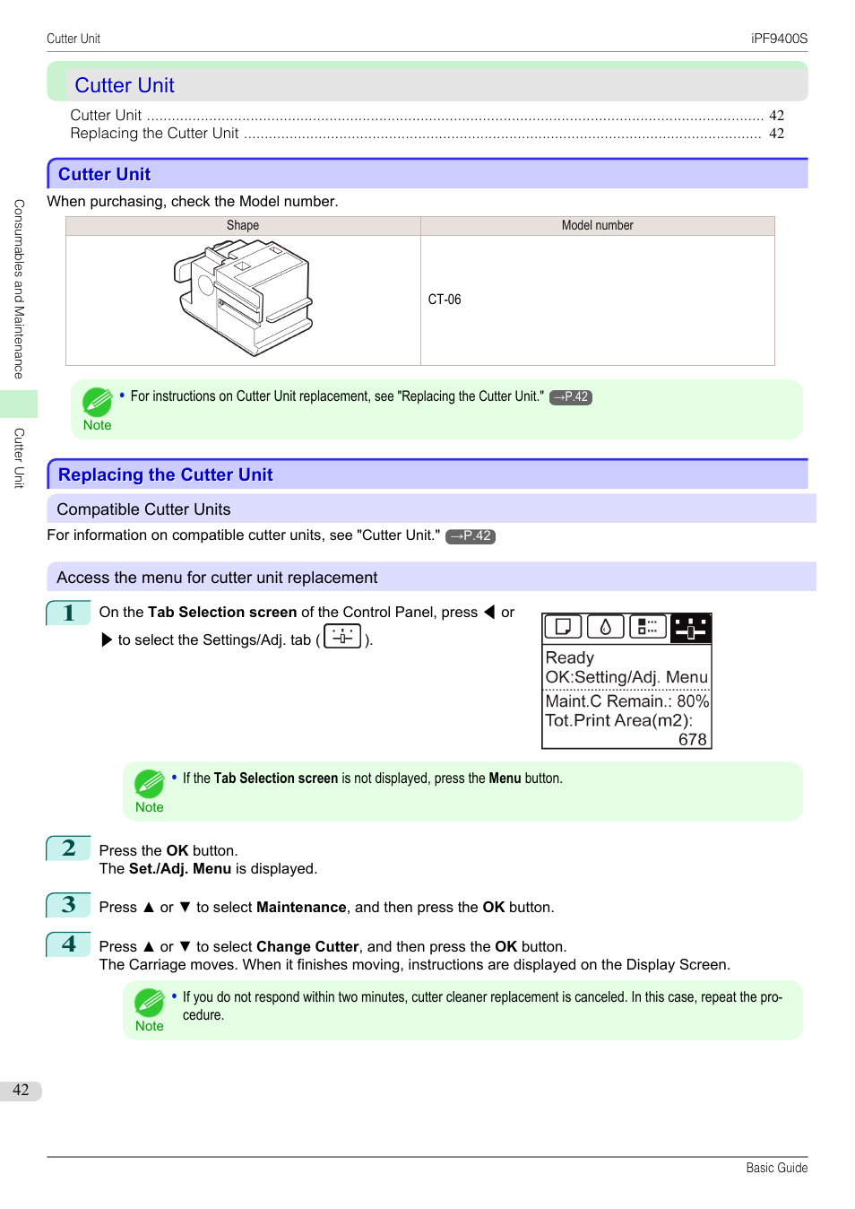 Cutter unit, Replacing the cutter unit | Canon imagePROGRAF iPF9400S User Manual | Page 42 / 154