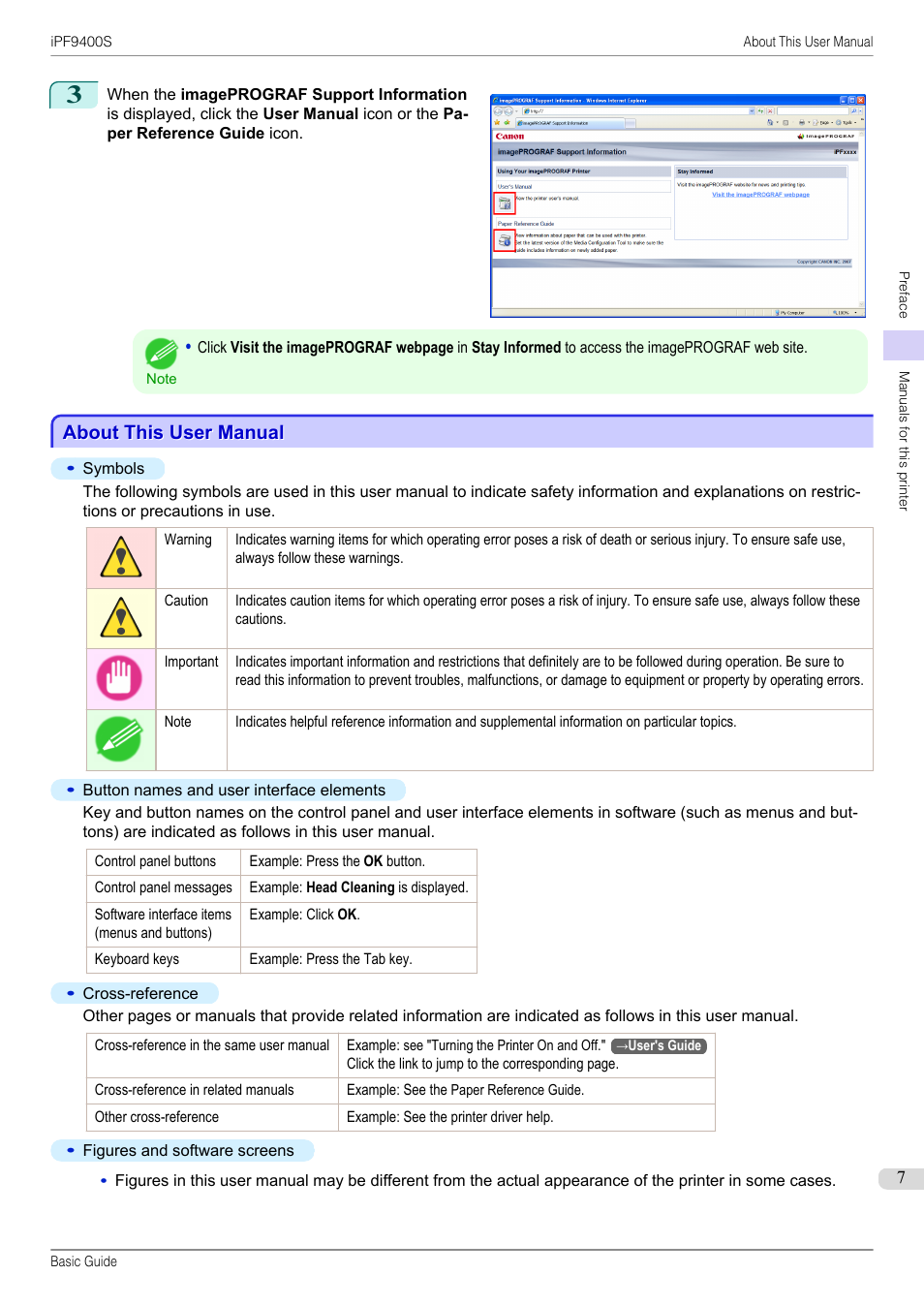 About this user manual | Canon imagePROGRAF iPF9400S User Manual | Page 7 / 154