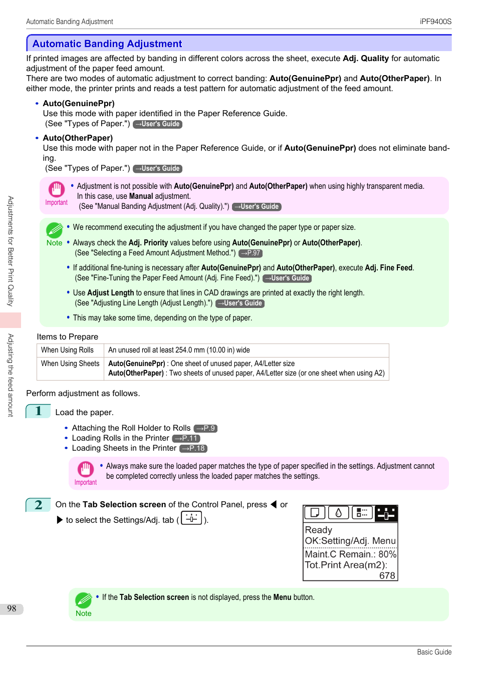 Automatic banding adjustment | Canon imagePROGRAF iPF9400S User Manual | Page 98 / 154