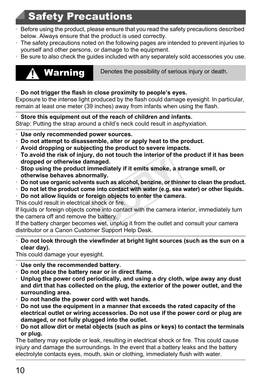 Safety precautions, Cop y, Warning | Canon PowerShot G1 X User Manual | Page 10 / 242